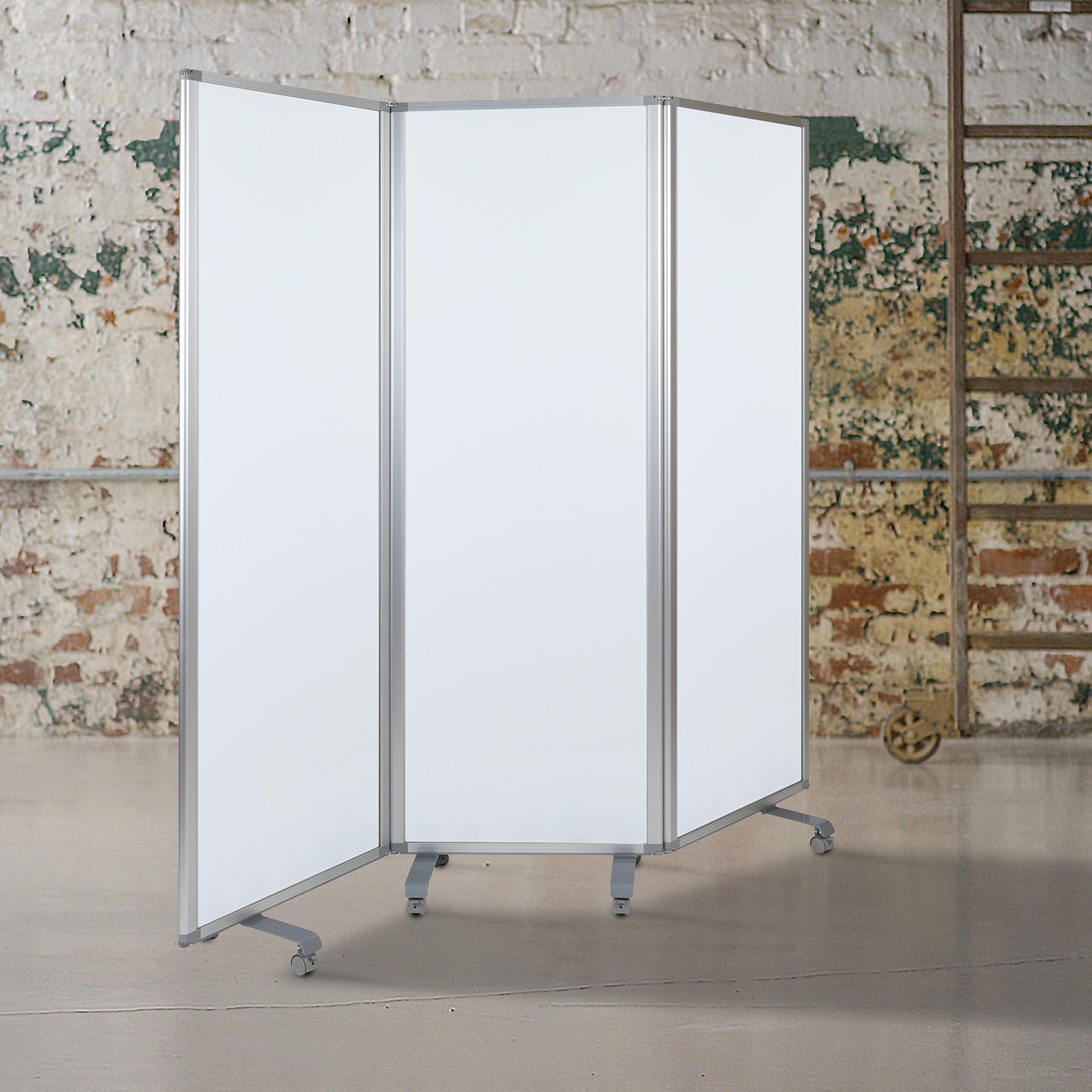 EMMA + OLIVER Mobile Magnetic Whiteboard 3 Section Partition with Locking Casters, 72"H x 24"W