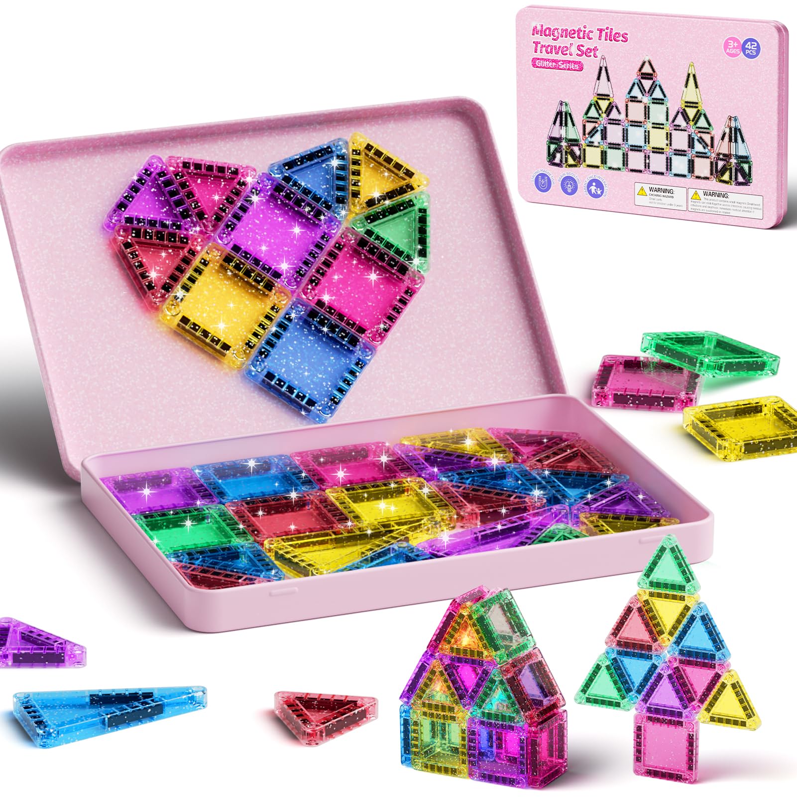 Set di 42 piastrelle magnetiche da viaggio con glitter da viaggio, per bambini, menta, piastrelle magnetiche con base in ferro, mattoncini da costruzione magnetici, giocattolo da viaggio, regalo per 3