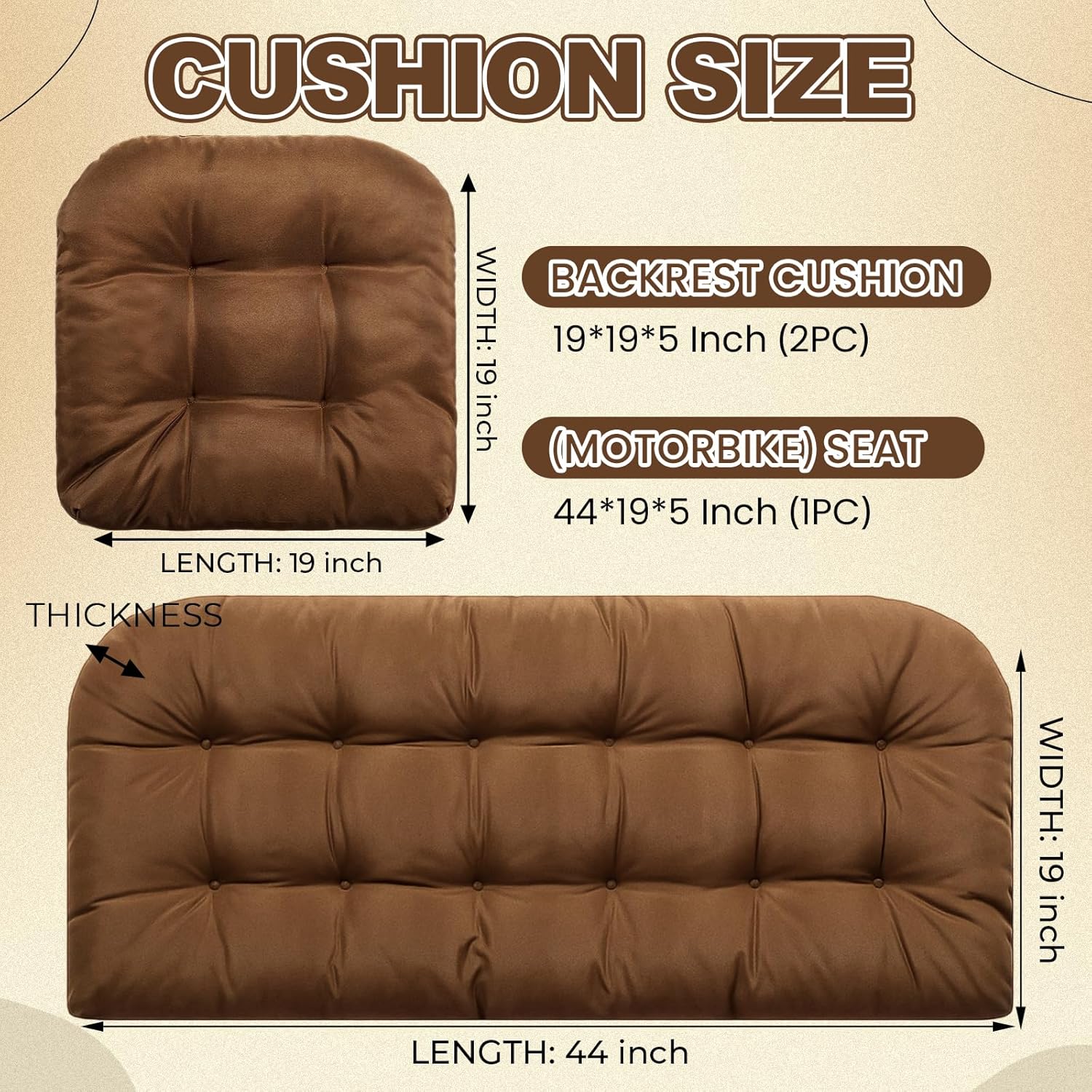 Barydat 3 Pack Wicker Furniture Cushions Waterproof Outdoor/Indoor Tufted Wicker Chair Cushions 1 Loveseat and 2 U-Shape Rattan Chairs for Patio Furniture, Rattan Love Seat, Bench(Brown)