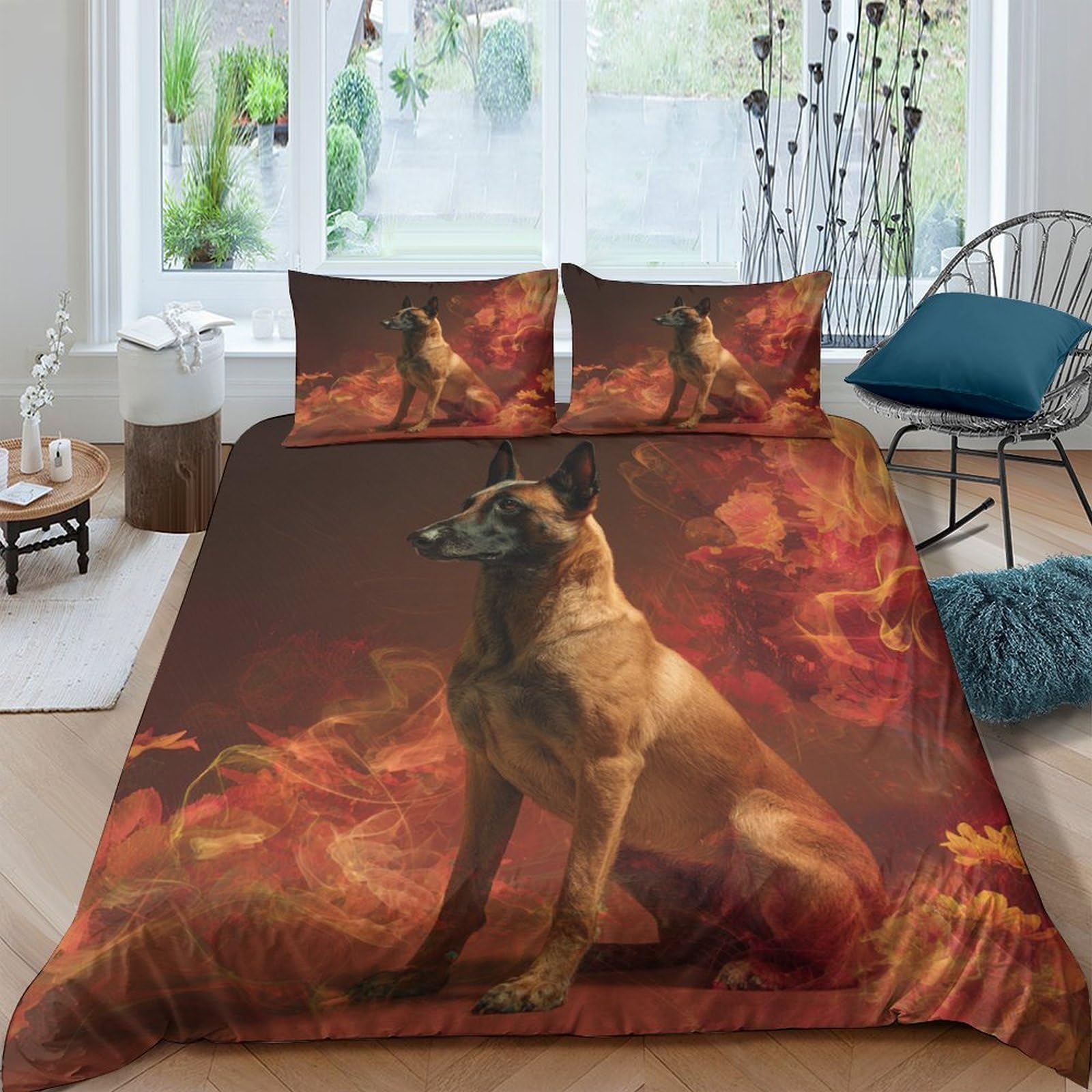 Ctjqhvkz Style-8 3D Printed Fire Dog Fitted Sheet Microfiber Soft Anti-Slip Wolf Bed Cover For Bedroom Guestroom Bed Protection Decor Single（135X200cm）