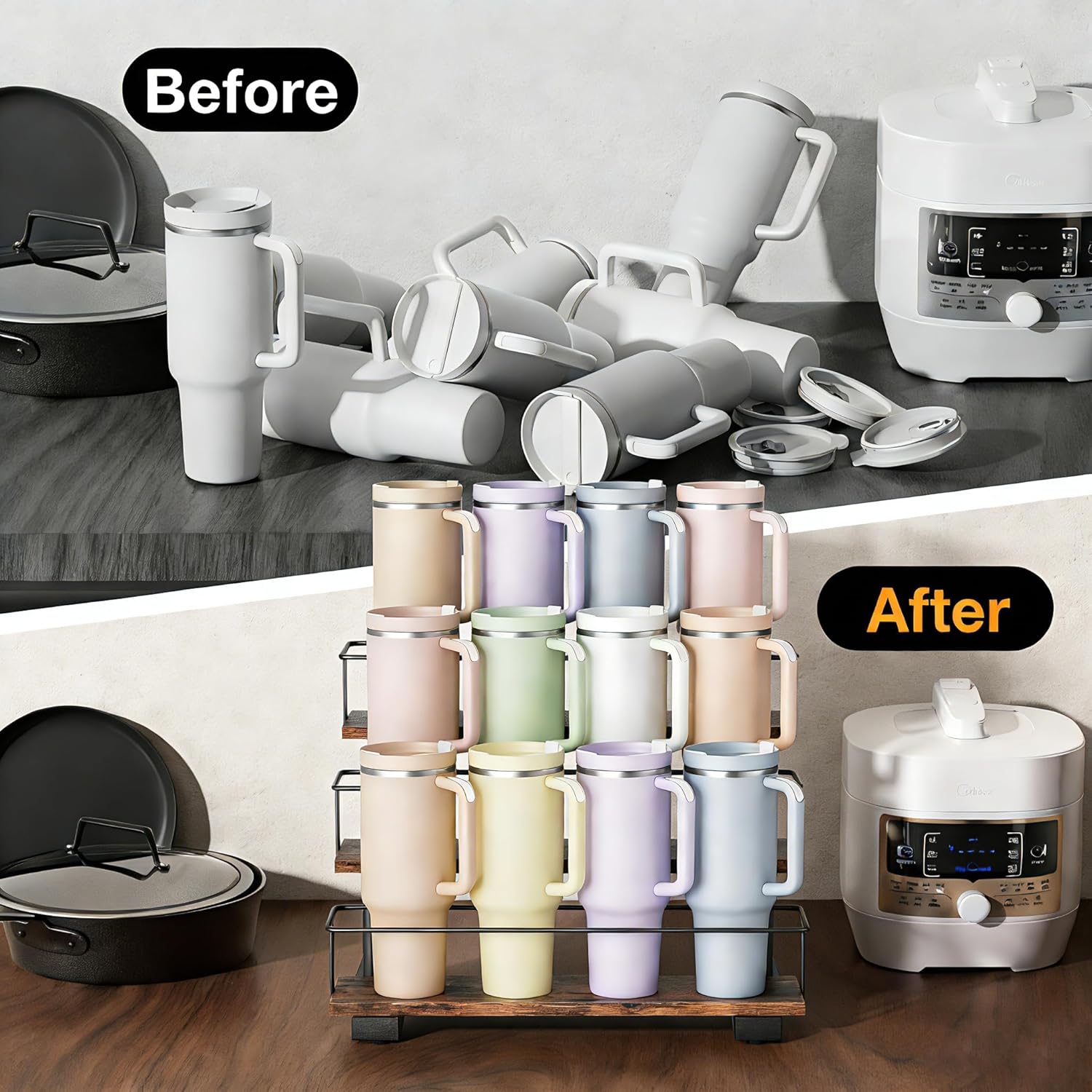 Stanley 40 oz Tumbler Compatible Organizer, 3-Tier Water Bottle Organizer with Wooden Shelves, Carbon Steel Rack Holds 12 Bottles, Kitchen & Bar Storage - Image 5