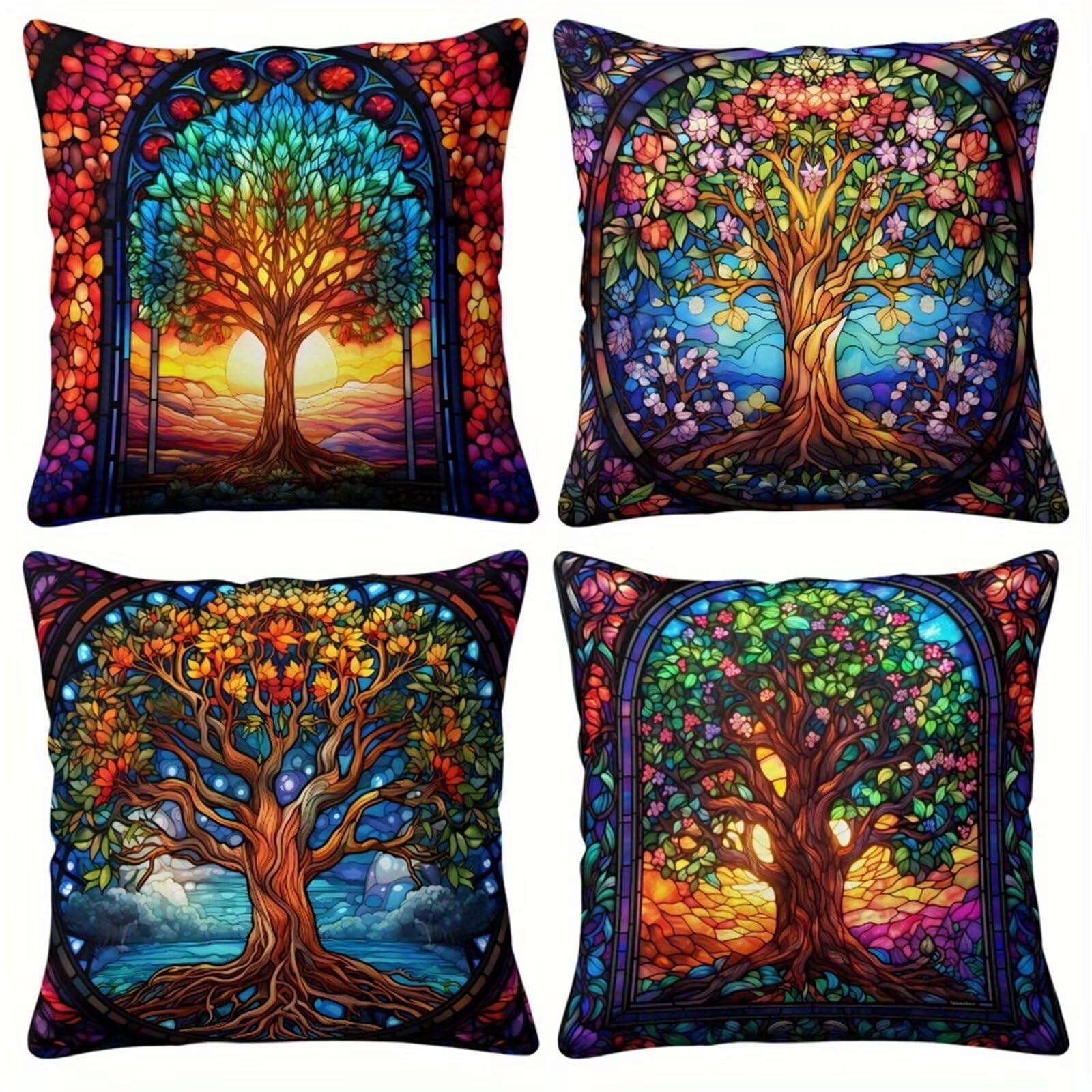 Heaen Outdoor Cushions Covers Waterproof 45x45 cm Set of 4 Square Linen Pillow Cases Sunrise Tree of Life Decorative Dushions for Sofa Porch Patio Home Decor