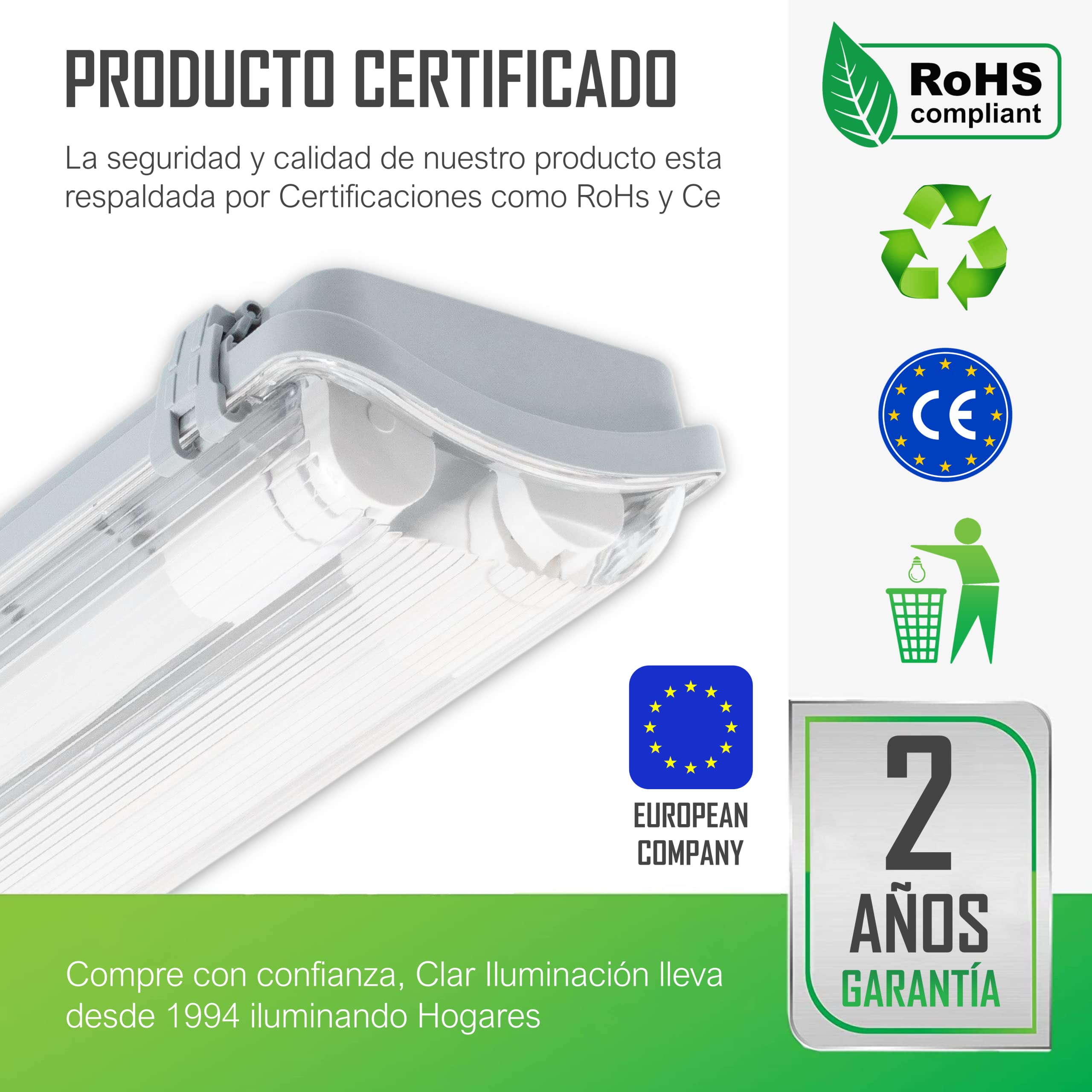 CLAR - Pantalla Estanca LED 18W, Pantallas Estancas Tubos LED, 18W 2 Tubo 120cm, Tubos No Incluidos (Pack 5)
