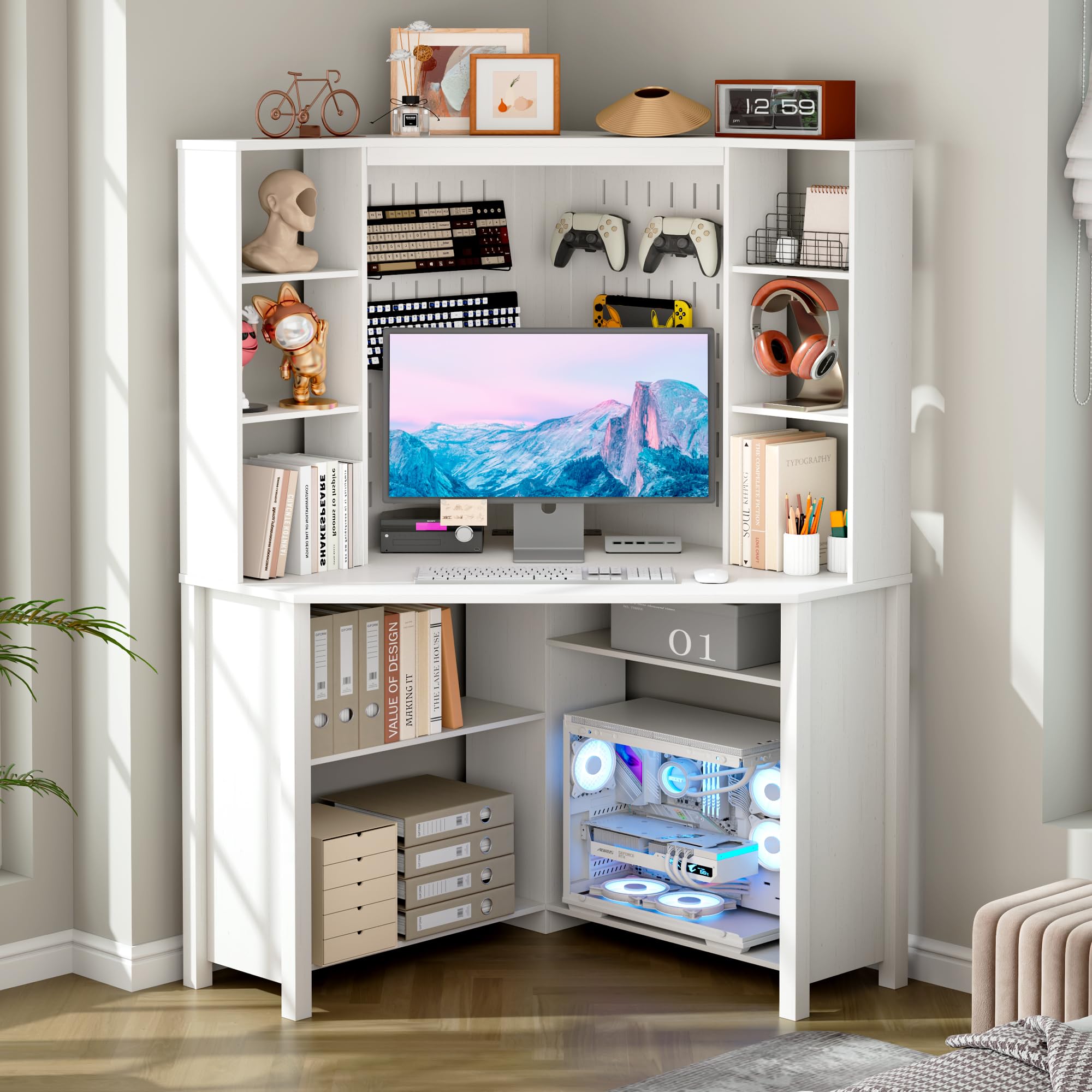 MDGC L-Shaped Corner Desk LED Light Computer Desk with Charging Station, Hutch, Storage Shelves & File Cabinet, Home Office Desk Workstation for Small