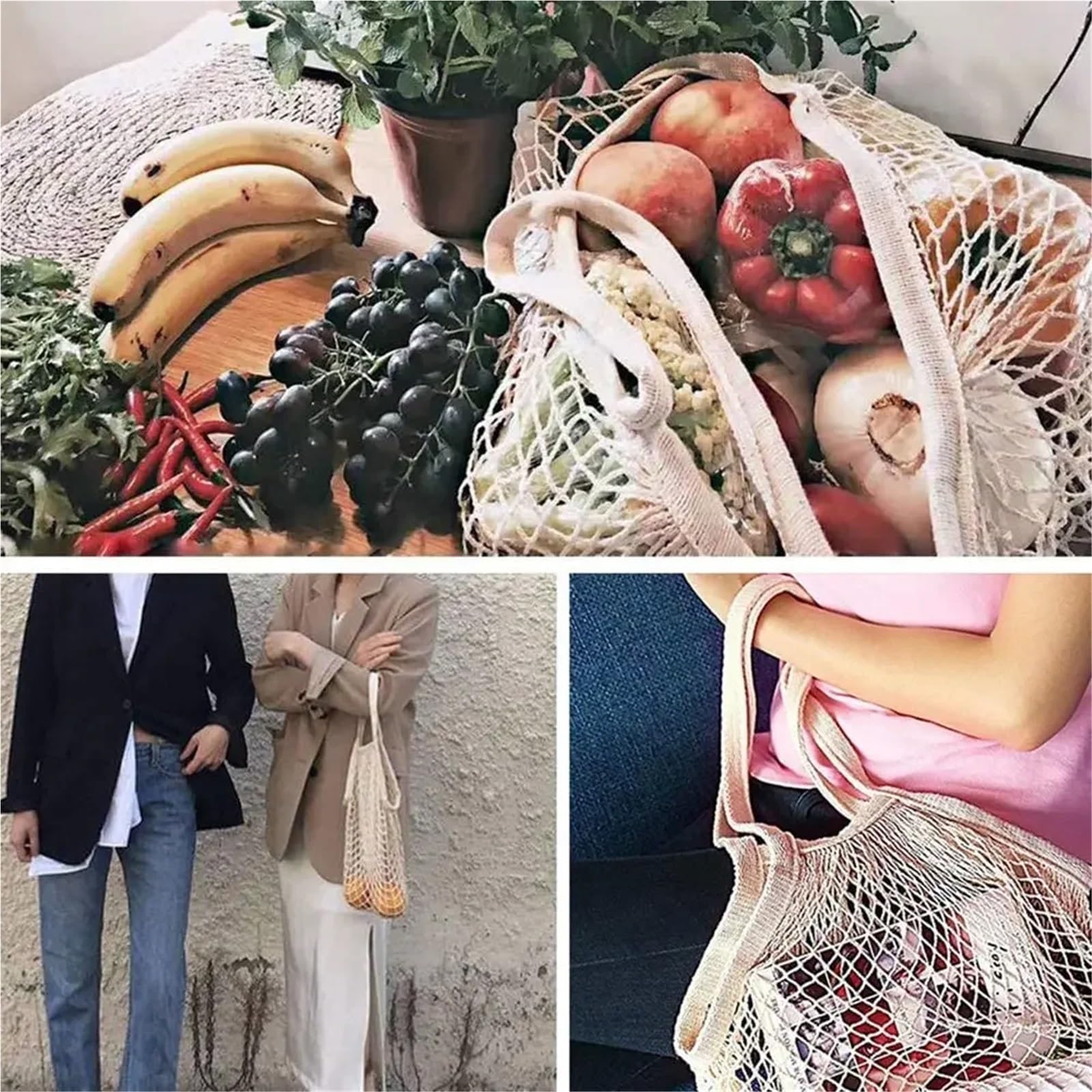 20 bolsas de compras reutilizables de algodón para almacenamiento de frutas y verduras, bolsa de malla plegable para bolsa lavable, portátil, bolsa de verduras respetuosa con el medio ambiente