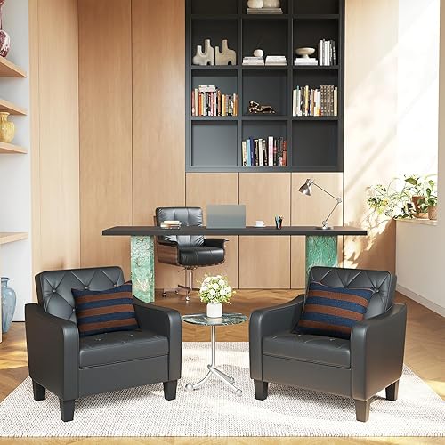 Miniatura 4 de STHOUYN Juego de 2 sillas con brazos para sala de estar, silla decorativa de piel sintética negra, sillas de sala de espera, silla de lectura de