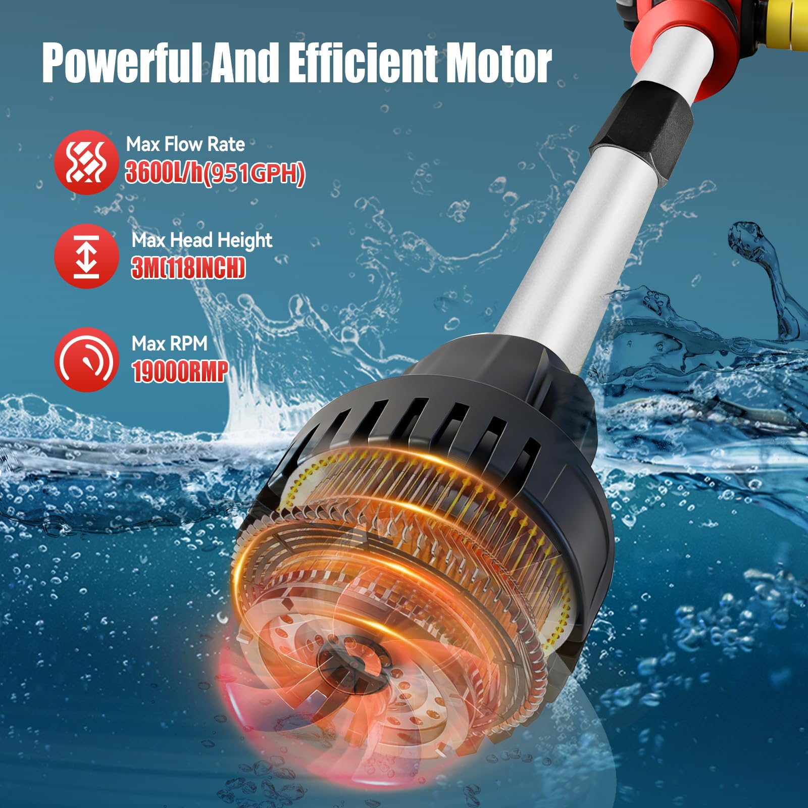 Pompe à eau submersible sans fil compatible avec Milwaukee M18, débit 3600 l/h, pompe portable pour vider les citernes, les bassins, les bateaux (rouge pour Milwaukee)