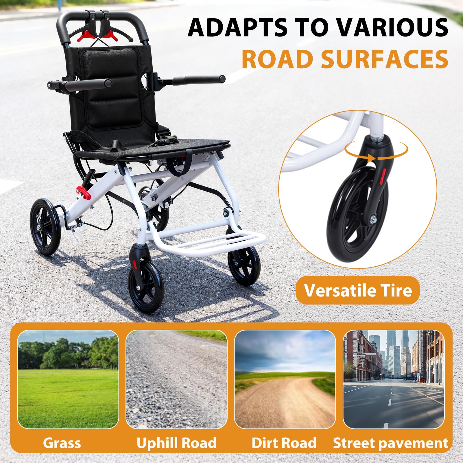 Silla de ruedas de transporte ultraligera, silla de ruedas plegable de viaje portátil con manillar giratorio de 270°, neumáticos de poliuretano, 8,2 kg, compacta para viajes, ideal para ancianos y