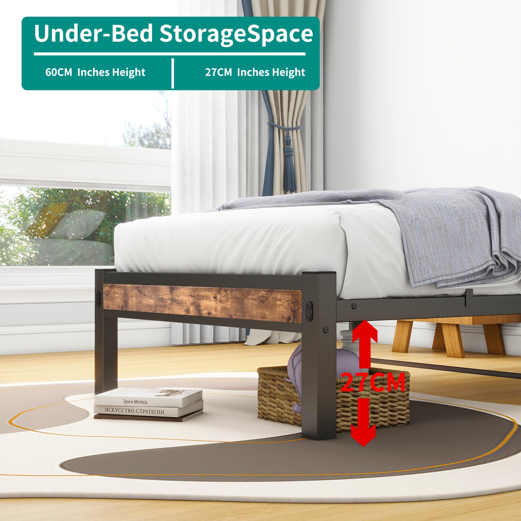 HOMERECOMMEND Bett 90x200 Bettgestell Bettkopf mit Ablagefläce,Lattenrost Metall,Gästebett für kleine Räume, Schwarz