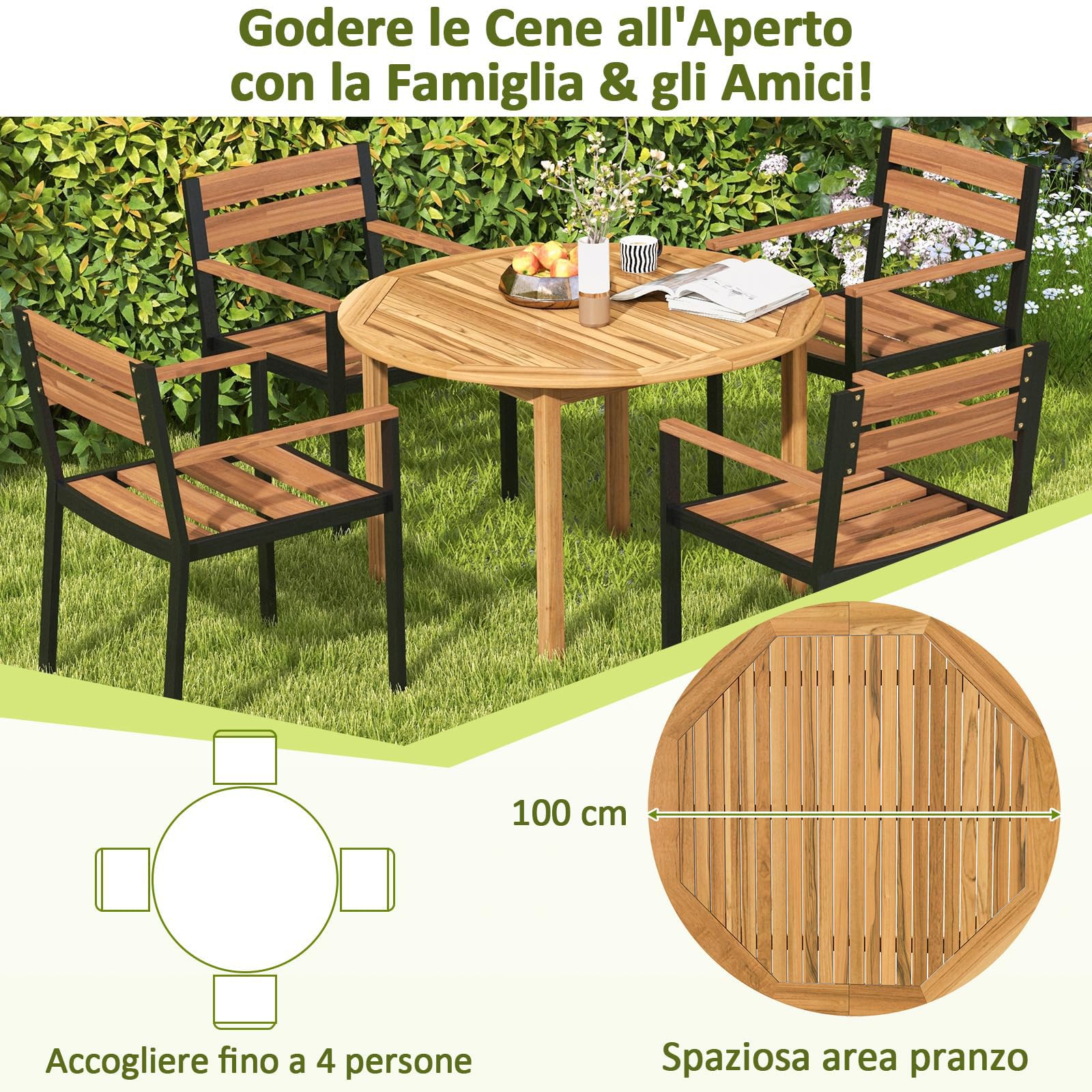 COSTWAY Tavolo da Pranzo Rotondo Giardino, in Legno di Acacia, per 4 Persone, Tavolo Pranzo per Esterno e Interno, Portata 75 kg, 100 x 100 x 75 cm