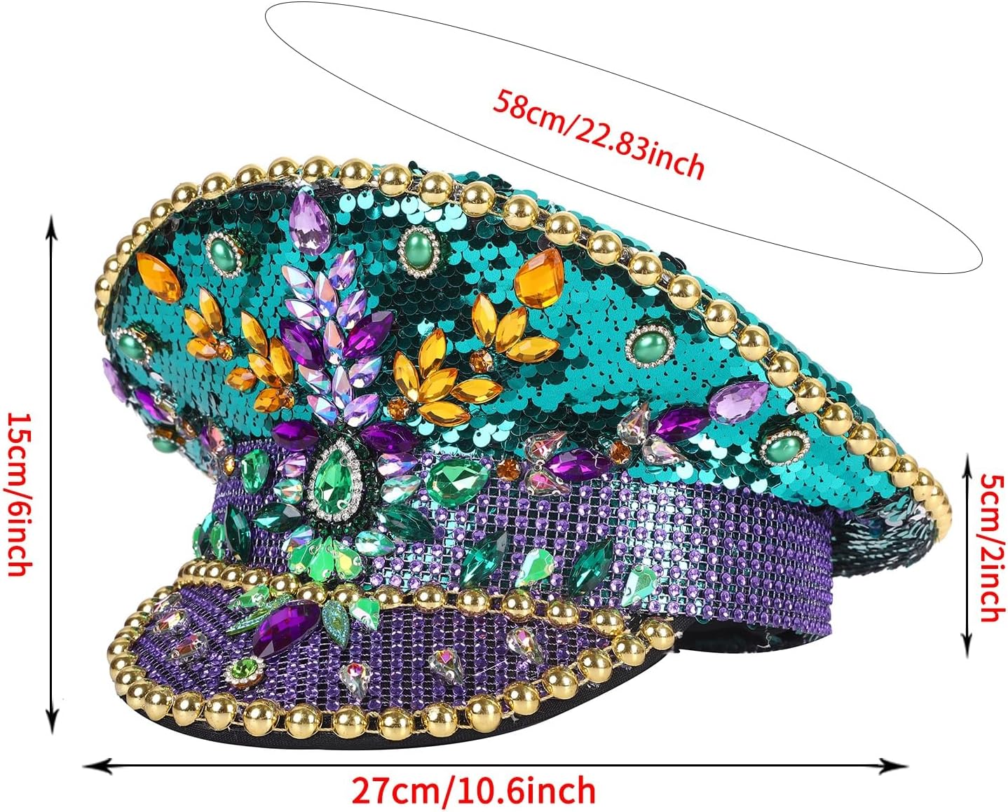 Purple Gold and Green New Orleans Mardi Gras Hat St Patricks Sequin Captain Hat Carnival Parade Costume(Green)