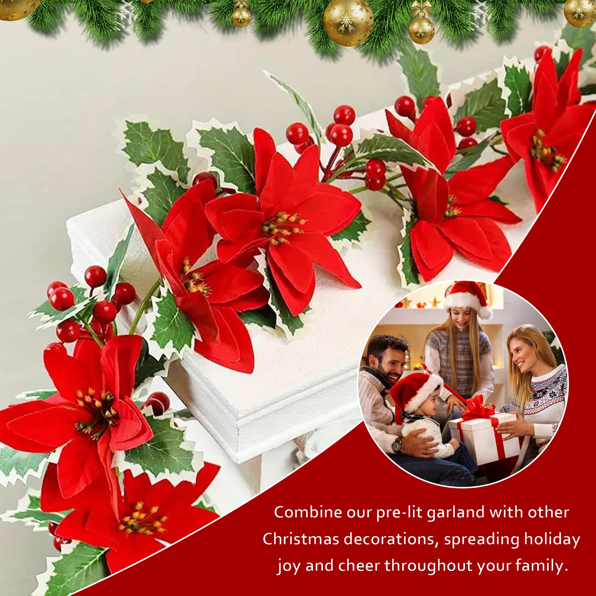 2 guirnaldas de Navidad con 20 luces LED, guirnalda de 6.5 pies, decoraciones de Navidad para interiores, múltiples modos, guirnaldas de Navidad con acebo de Pascua por iluminación, guirnalda de