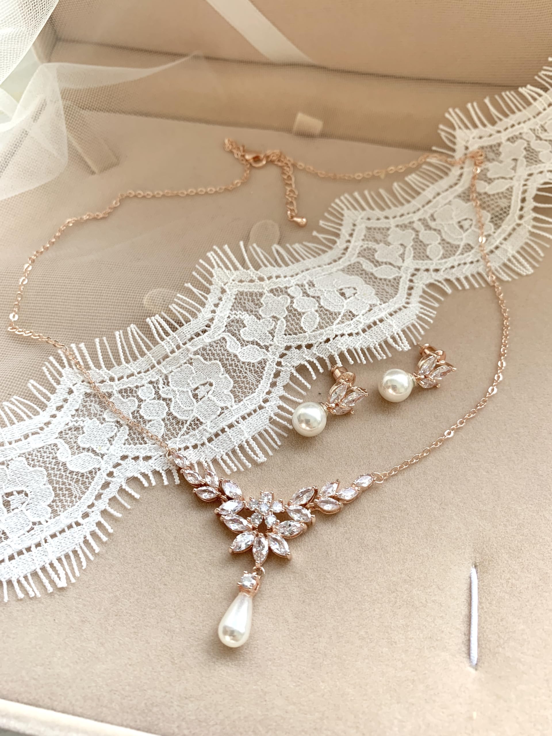 Schmuckset Rosegold Silber Perlen Zirkonia Halskette Ohrringe Strass Brautschmuck Hochzeit Kommunion Abiball