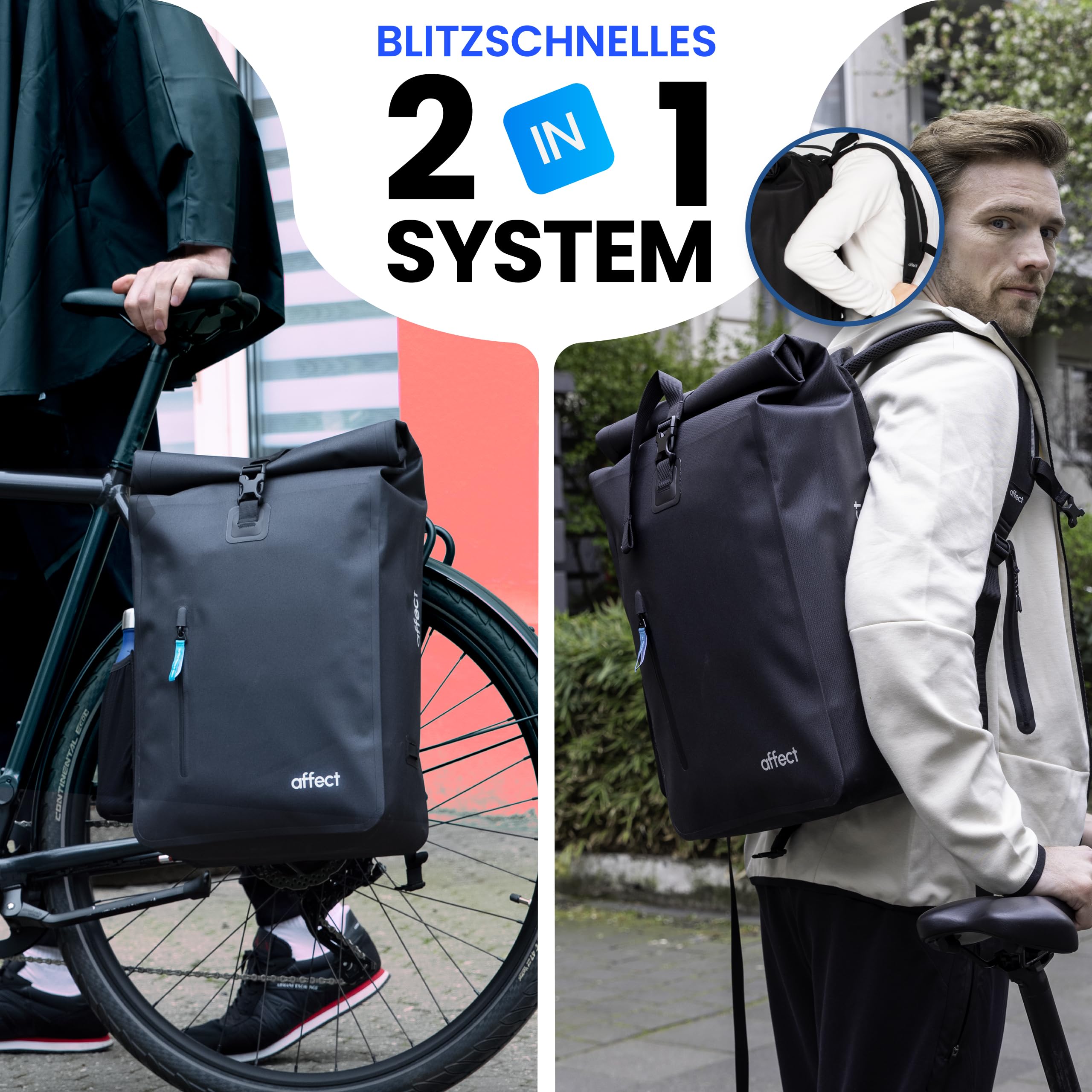 AFFECT - NEU 2in1 Fahrradtasche Rucksack aus Ocean Plastic - 30 Liter - 100% wasserdicht - Fahrradtasche für Gepäckträger - verwendbar als Fahrradrucksack mit Laptopfach