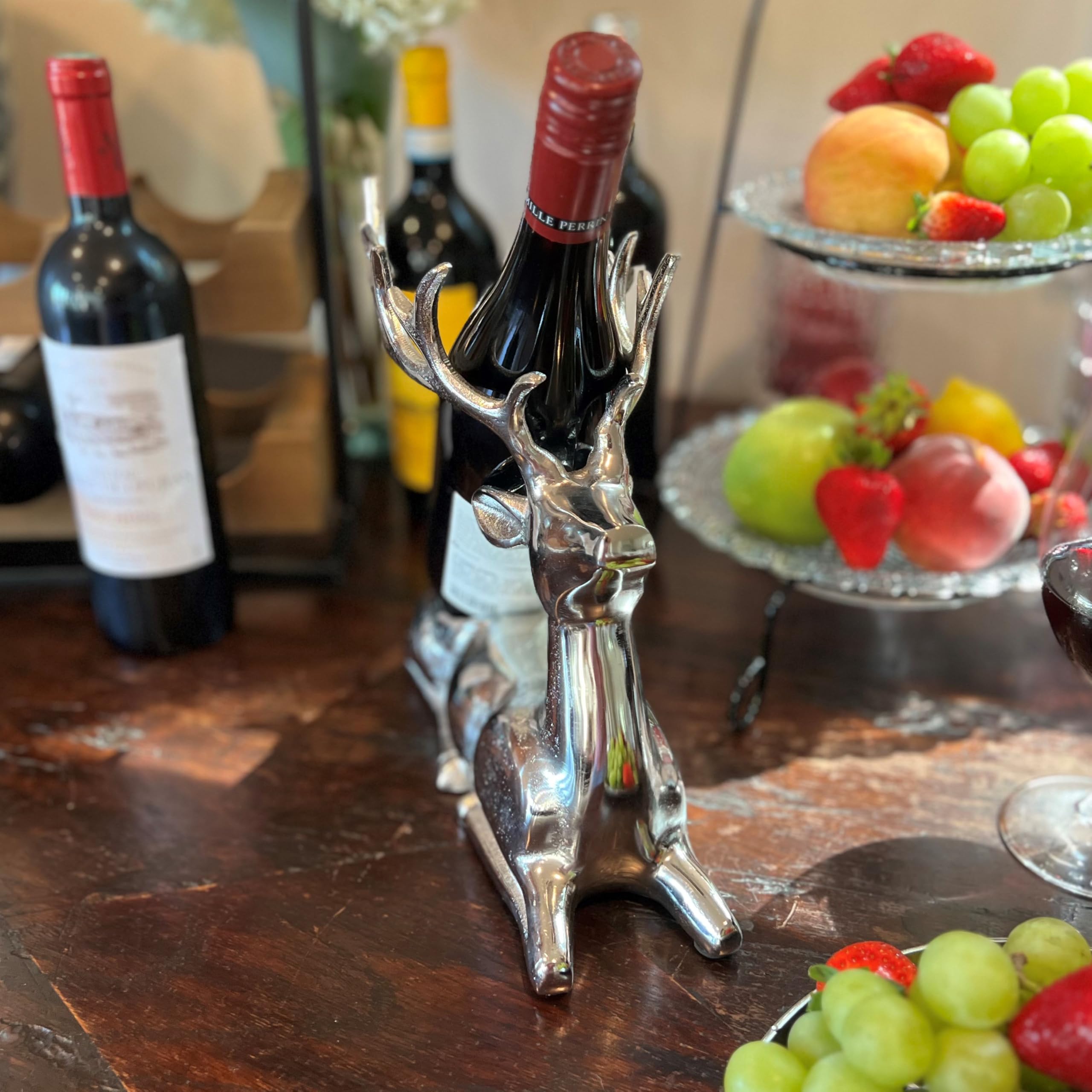 Recumbent Deer Wine Holder, Estante de exhibición de una sola botella, plata, níquel de aluminio fundido a mano, 11.75 pulgadas de largo 4