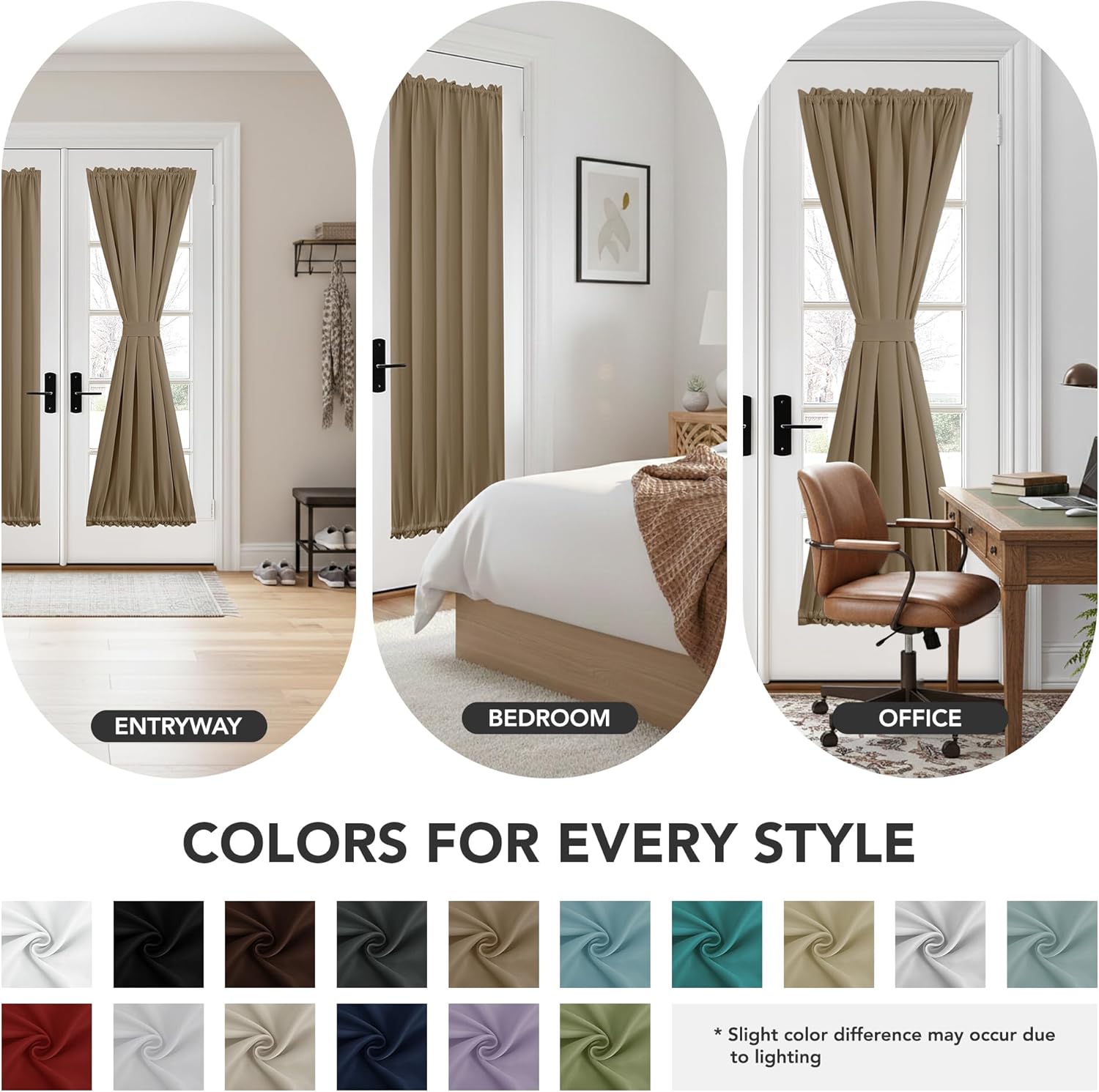 Deconovo Blackout Door Curtain for Glass Doors & Sidelights, Thermal Insulated Privacy Panel with Dual Rod Pockets & Adjustable Tieback, Machine‑Washable Curtain (54W x 40L, Khaki, 1 Panel)