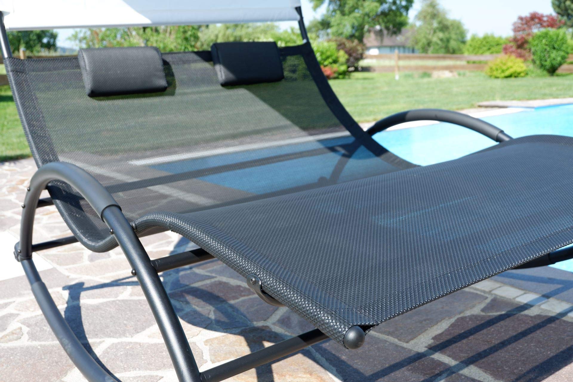 ALEOS. Doppel Schaukelliege Sonnenliege aus atmungsaktivem Kunststoffgewebe mit Kopfpolster und Dach ergonomisch geschwungen Modell: IOS