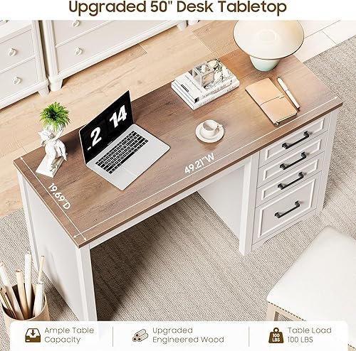 Miniatura 6 de Vabches Farmhouse Escritorio ejecutivo de 49 pulgadas con cajón de archivos, escritorio reversible para computadora con 4 cajones con