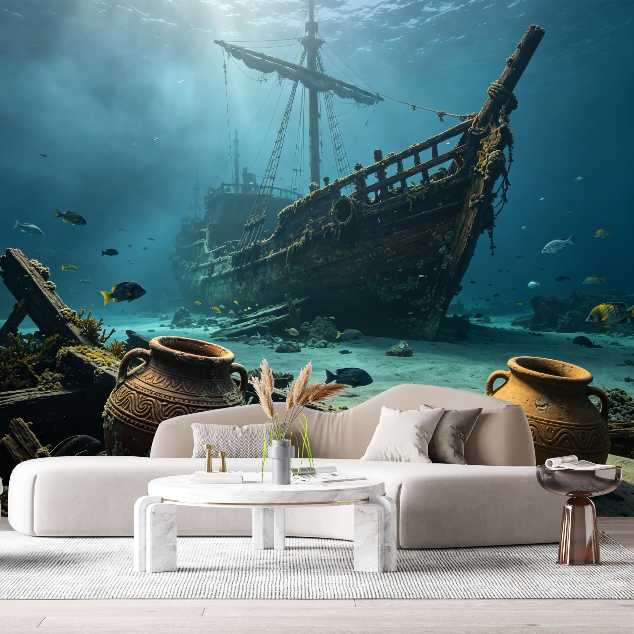 Custom Size Wall Murals Underwater Shipwreck Ocean Marine 3D Trompe L'Oeil Ancient Pots SelfAdhesiveWall Fabric Removable Wallpaper Wall Decor for Living Room Bedroom Bathroom