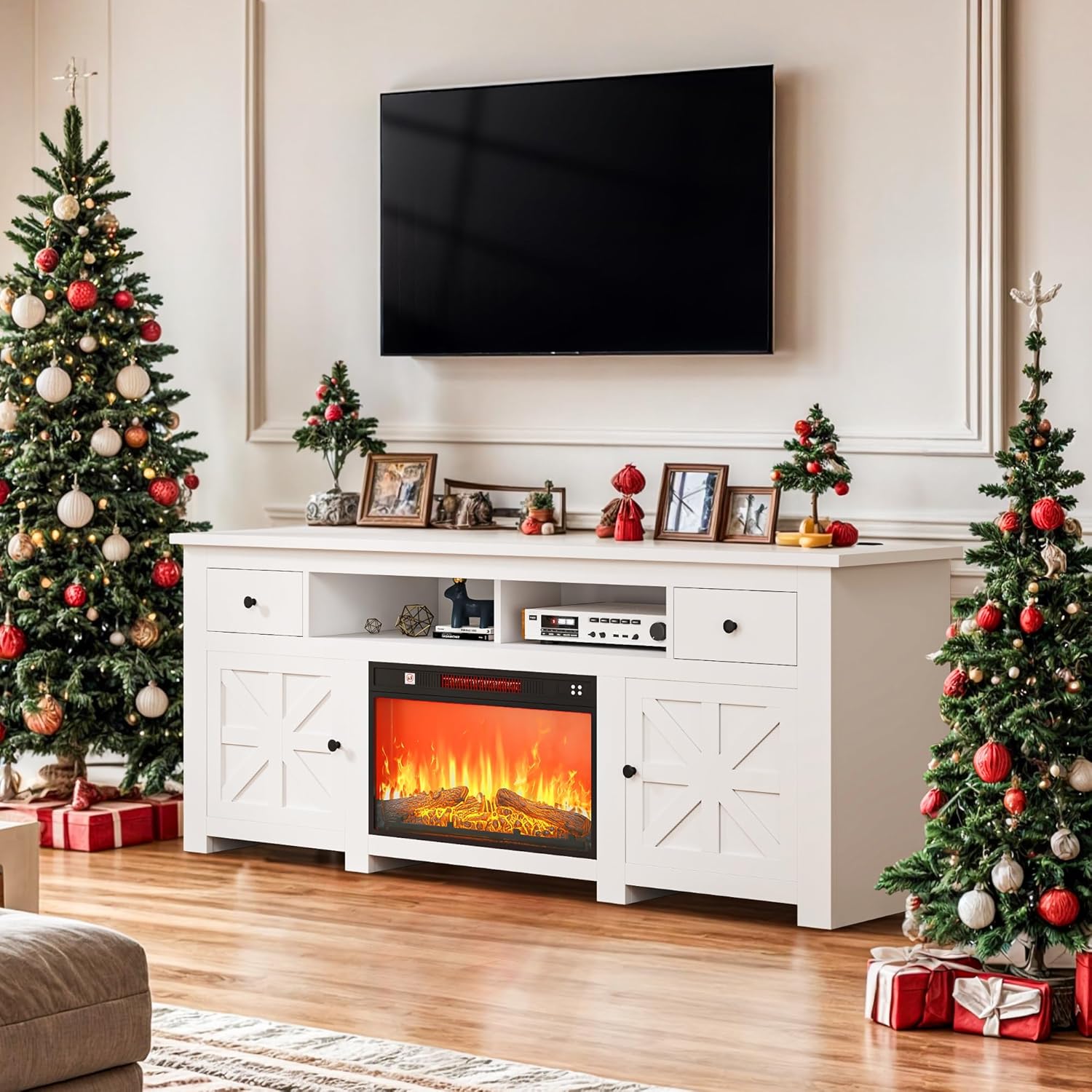 DWVO TV Stand with Fireplace for 75 Inch TVs, Entertainment Center with Power Outlet, Electric Fireplace TV Stands for Living Room, TV Console with Storage Drawers & Cabinets (White) White with Fireplace