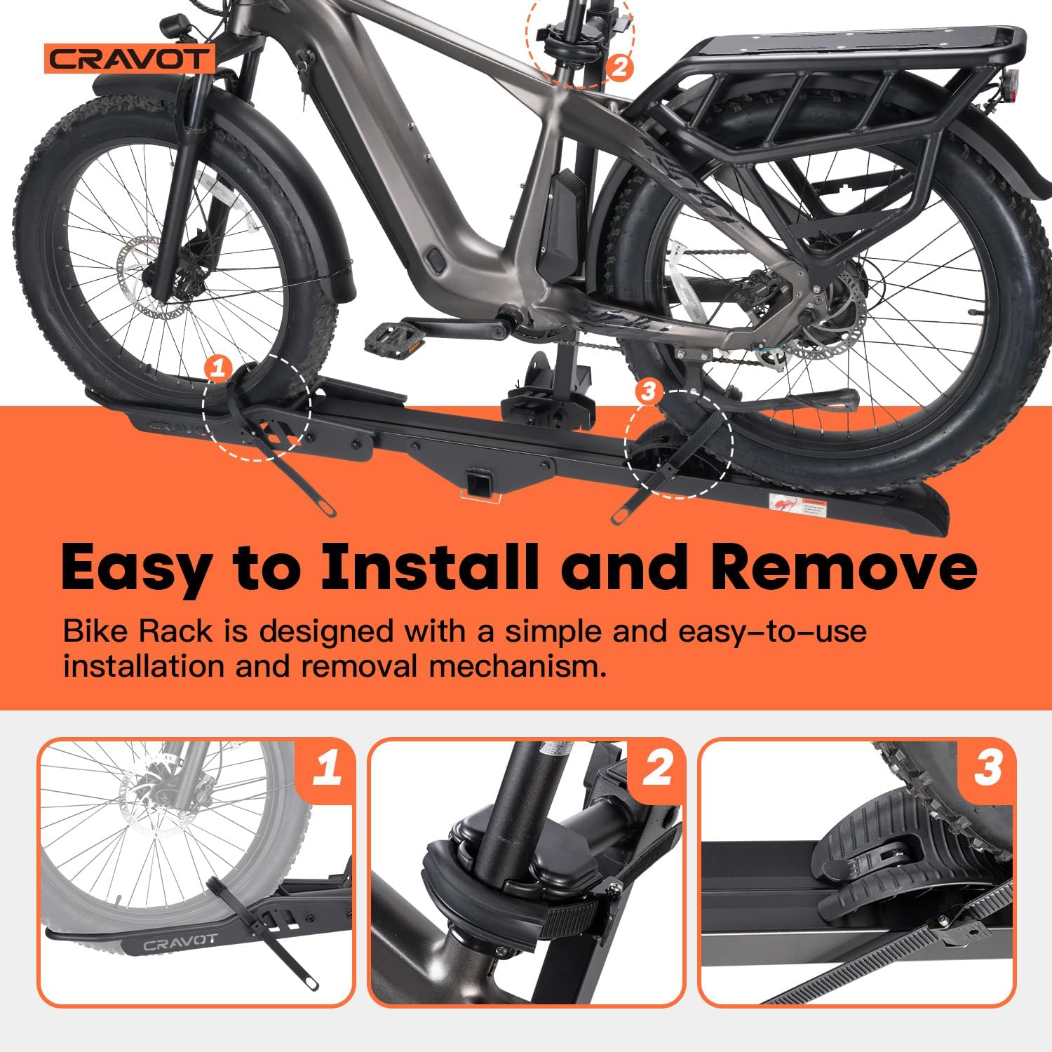 CRAVOT CyberRack E1 Ebike Rack, 100 lbs Capacity Foldable Bike Racks for Tow Hitch Heavy Electric Bike Carrier for 1 E-Bike, Up to 5-inch Fat Tire 2'' Receiver w/Lock