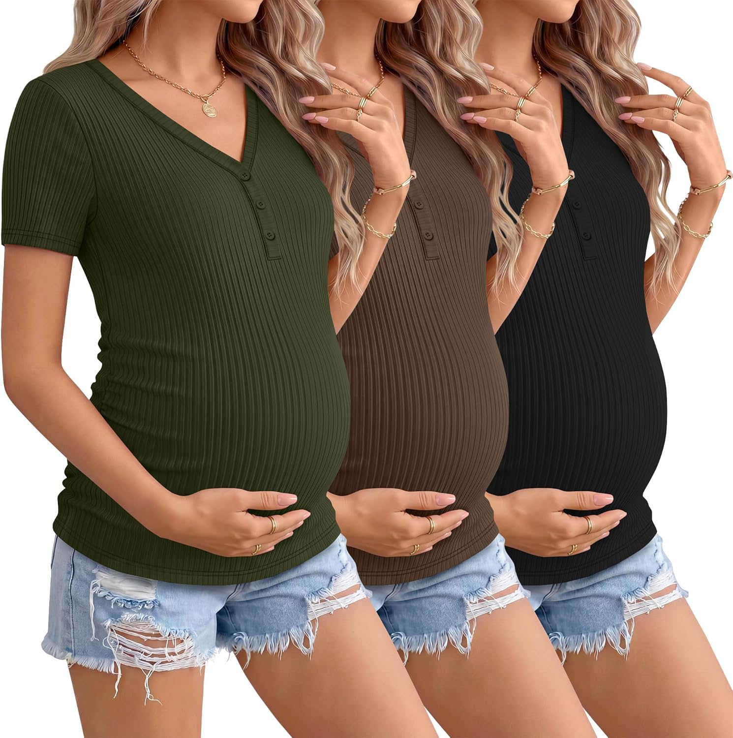 3 Pack Womens Maternity Shirts Short Sleeve Cotton Ribbed V Neck Pregnancy Clothes Casual Henley Side Ruched Tees