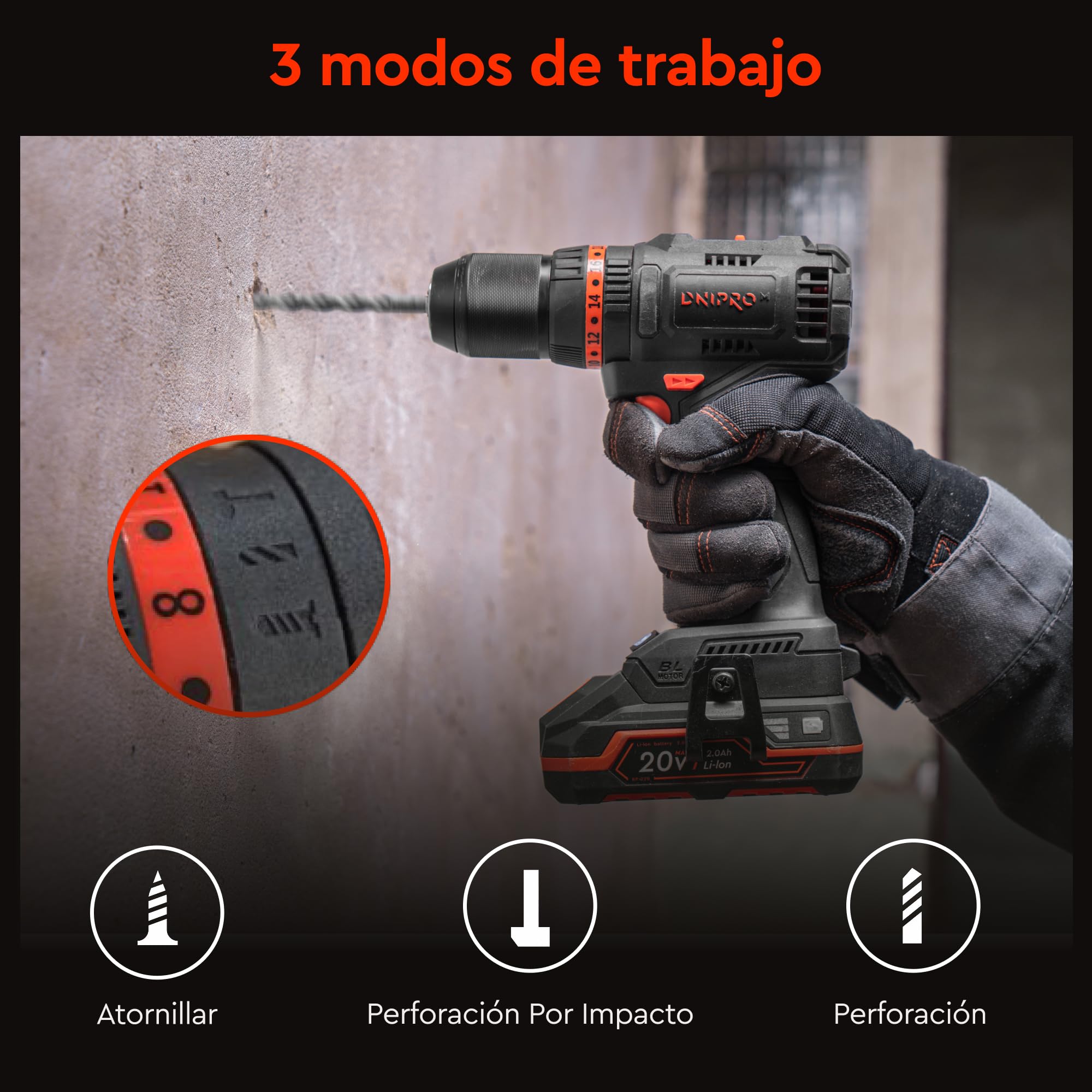 Taladro Atornillador Batería CD-201HBC Compact - Motor Brushless 20V 45Nm con Percutor - Sin Escobillas, 2 Velocidades, 20+3 Posiciones de Par, Portabrocas Metálico 13mm - Solo 0.9 kg | por Dnipro-M