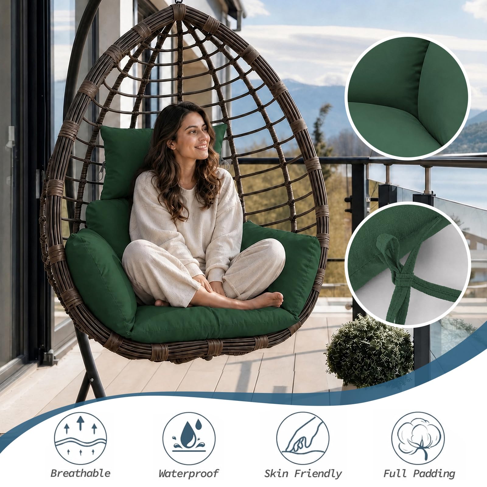 Coussin pour fauteuil suspendu, coussins et coussins pour balancelle suspendue en rotin synthétique/rotin, panier suspendu, panier à balançoire, disponible (vert foncé)