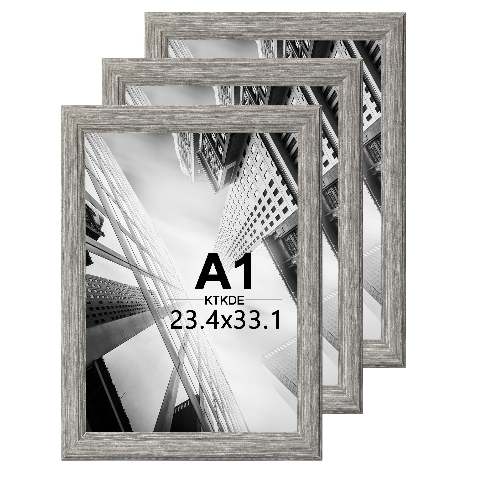 KTKDE A1 Poster Frame Set of 3, 23.4 x 33.1in Picture Frame Wooden Gray -Horizontal or Vertical Wall Hanging for Home, Exhibition, Caffe Large Frame for Photos, Posters - Art Prints best gift