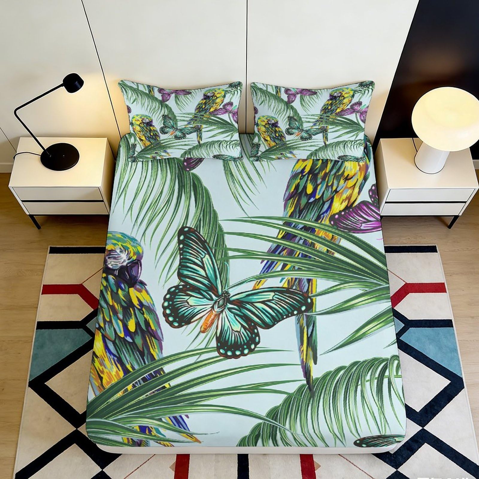 Pnayamiorkfel Style-9 3D Printed Tropical Parrot Fitted Sheet Microfiber Soft Butterfly Mattress Cover For Bedroom Guest Room Dustproof Washable Decor 90X200x25cm