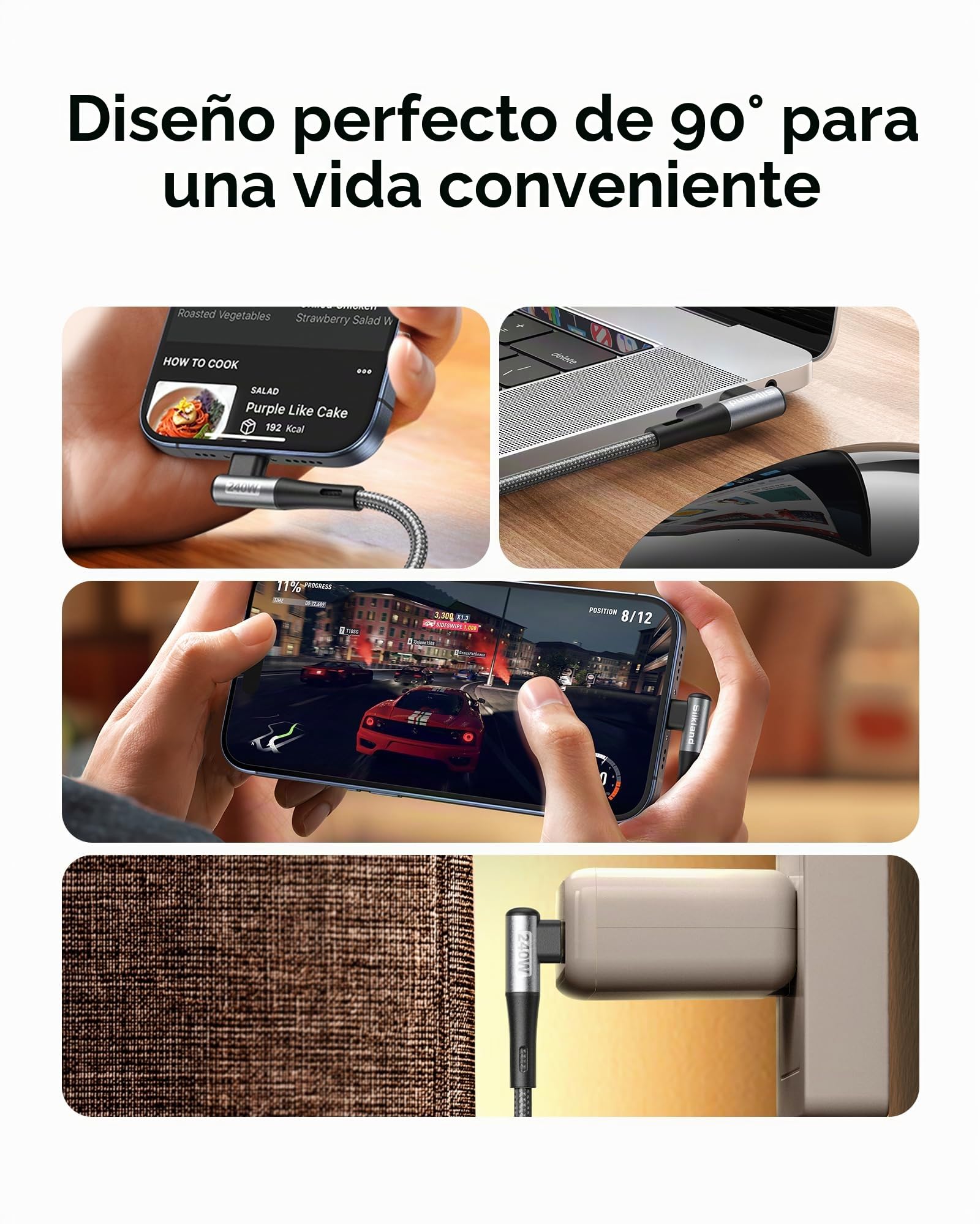 Silkland Cable USB C a USB C Corto 30CM [240W 48V/5A], PD3.1&QC4.0+ Cable USBC Carga Rapida 90 Grados para Android Auto, iPhone 17 16 15, Samsung S25 Ultra S24, MacBook Pro/Air, iPad Pro/Mini, Pixel