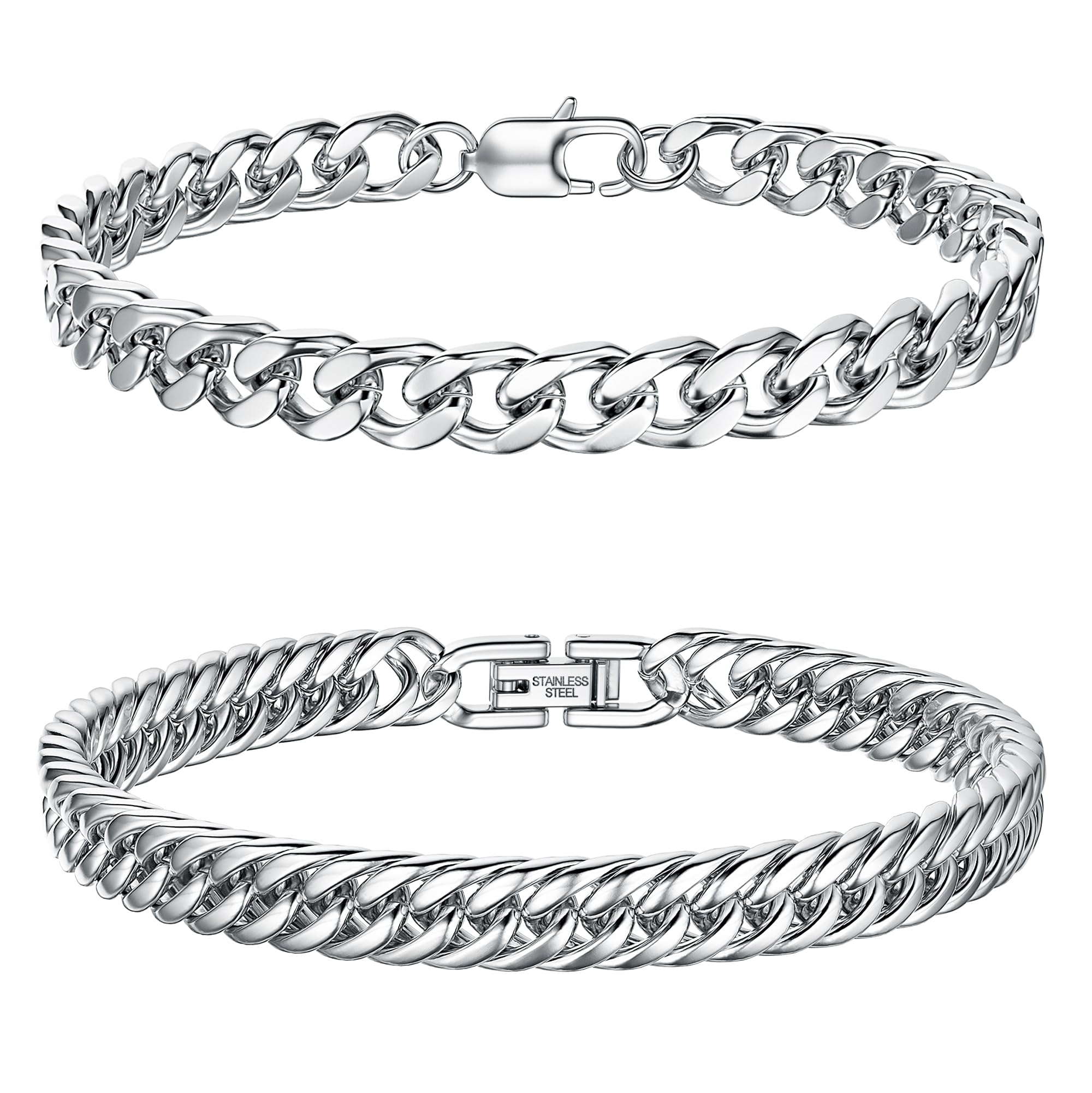 Dochais 2 Pcs Pulsera Hombre Acero Inoxidable, Pulsera Hombre Plata Oro, Pulseras Hombre Longitud 23 cm, Pulsera Plata Hombre Anchura 7,5/8 mm