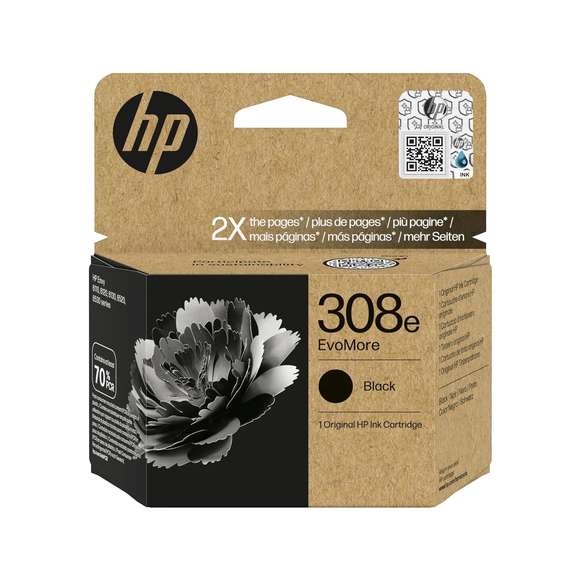 HP 308e Negro, Cartucho de Tinta Original, EvoMore, Alta Capacidad | Compatible con impresoras HP Envy 6110e, 6120e, 6122e, 6130e, 6132e, 6520e, 6530e, 6532e, 320 páginas (7FP22UE)