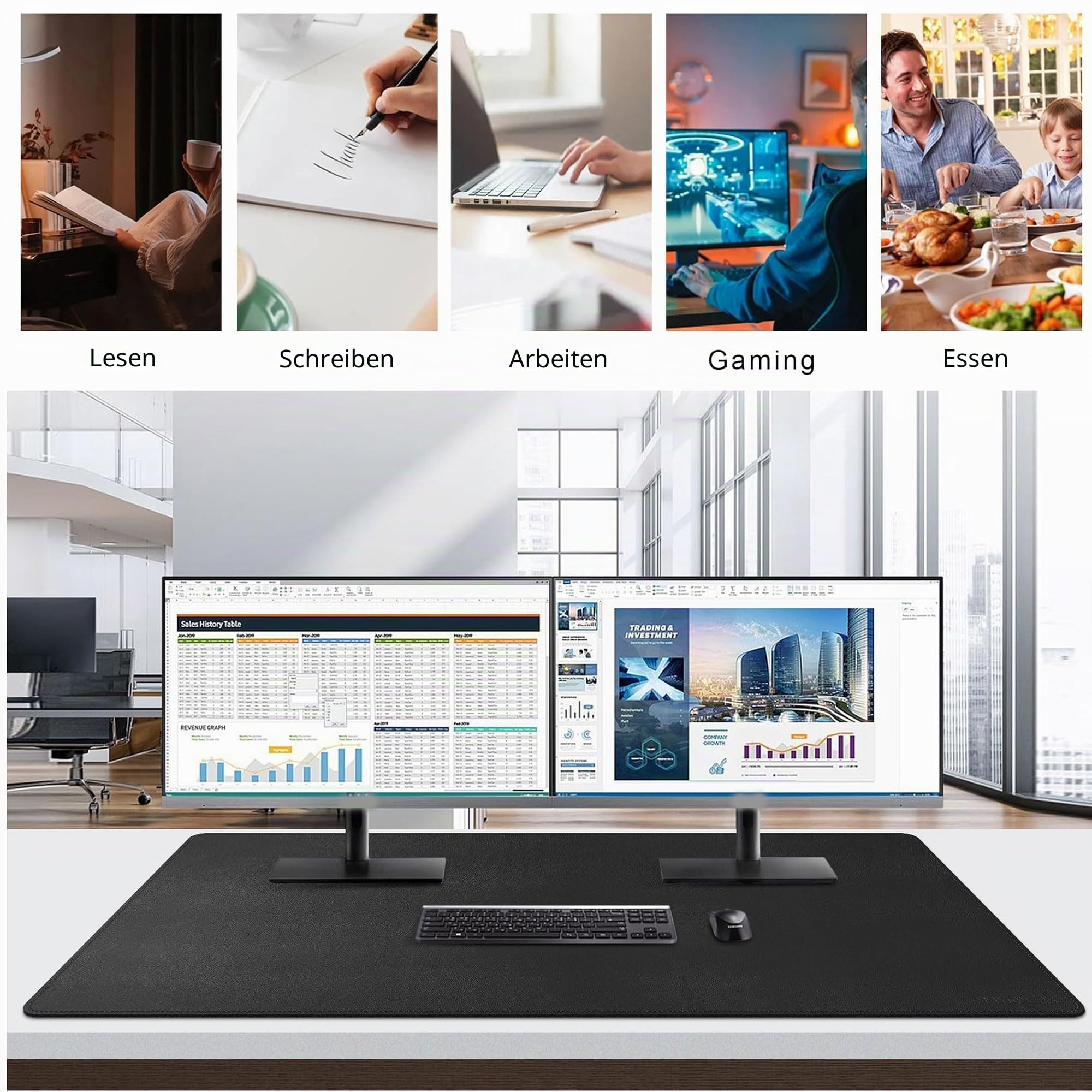 Mydours XXL-Mauspad, 120 x 70 cm, doppelseitige Schreibtischunterlage aus PU-Leder, Gaming-/Laptop-Matte, geeignet zum Schutz von Schreibtischen im Büro und zu Hause (schwarz)