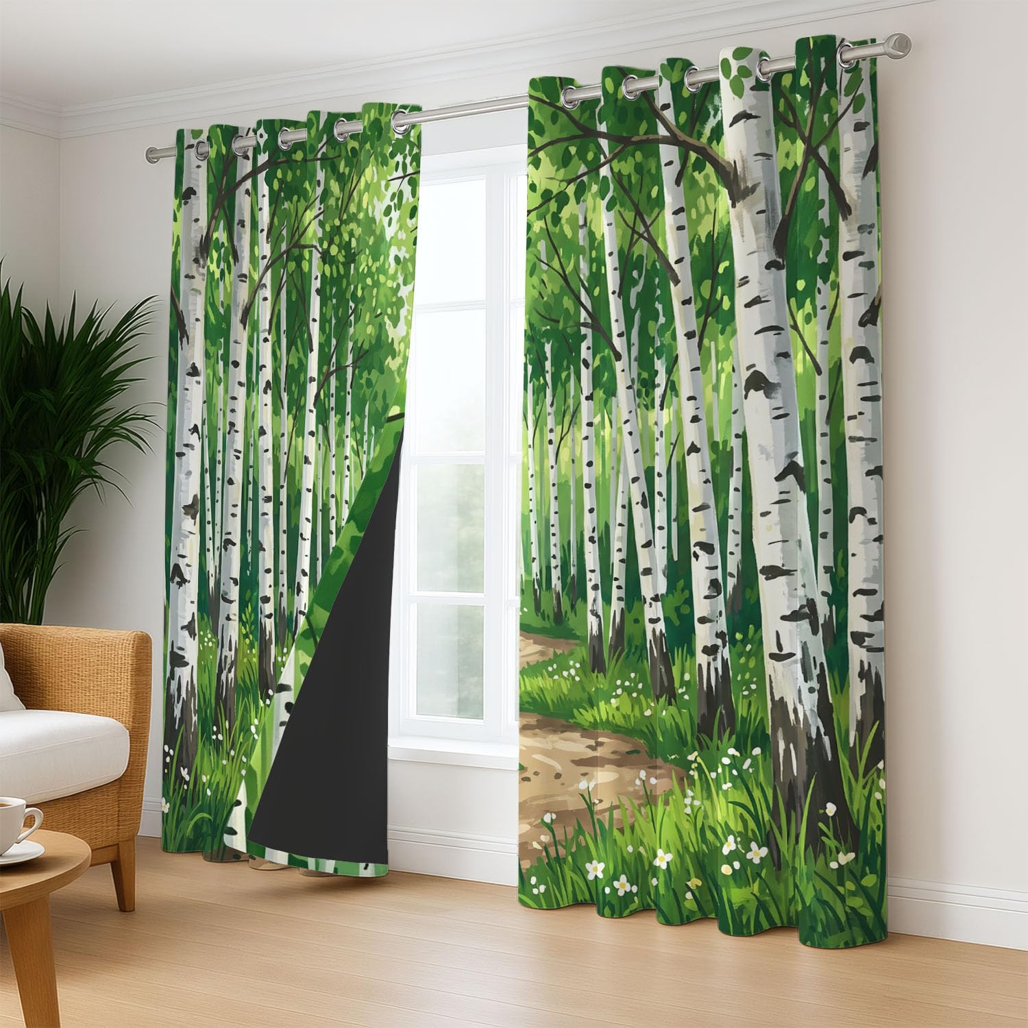 Générique Rideau Occultant Naturel Frais 135 x 245 CM, Forêt Bouleau Rideaux et Draperies pour Enfants Filles Chambre Salon Rideaux de Fenêtre Thermiques Isolants