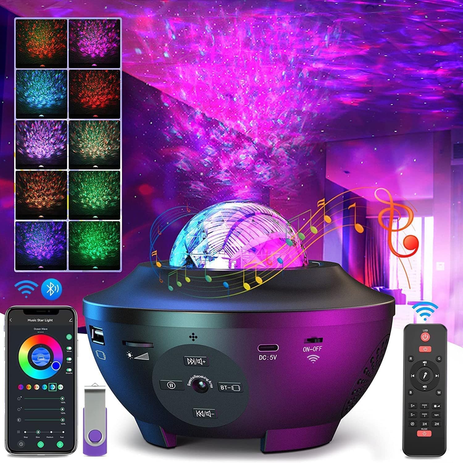 YETHKE Star Projector displaying various light effects, with insets showing different color combinations and control options.