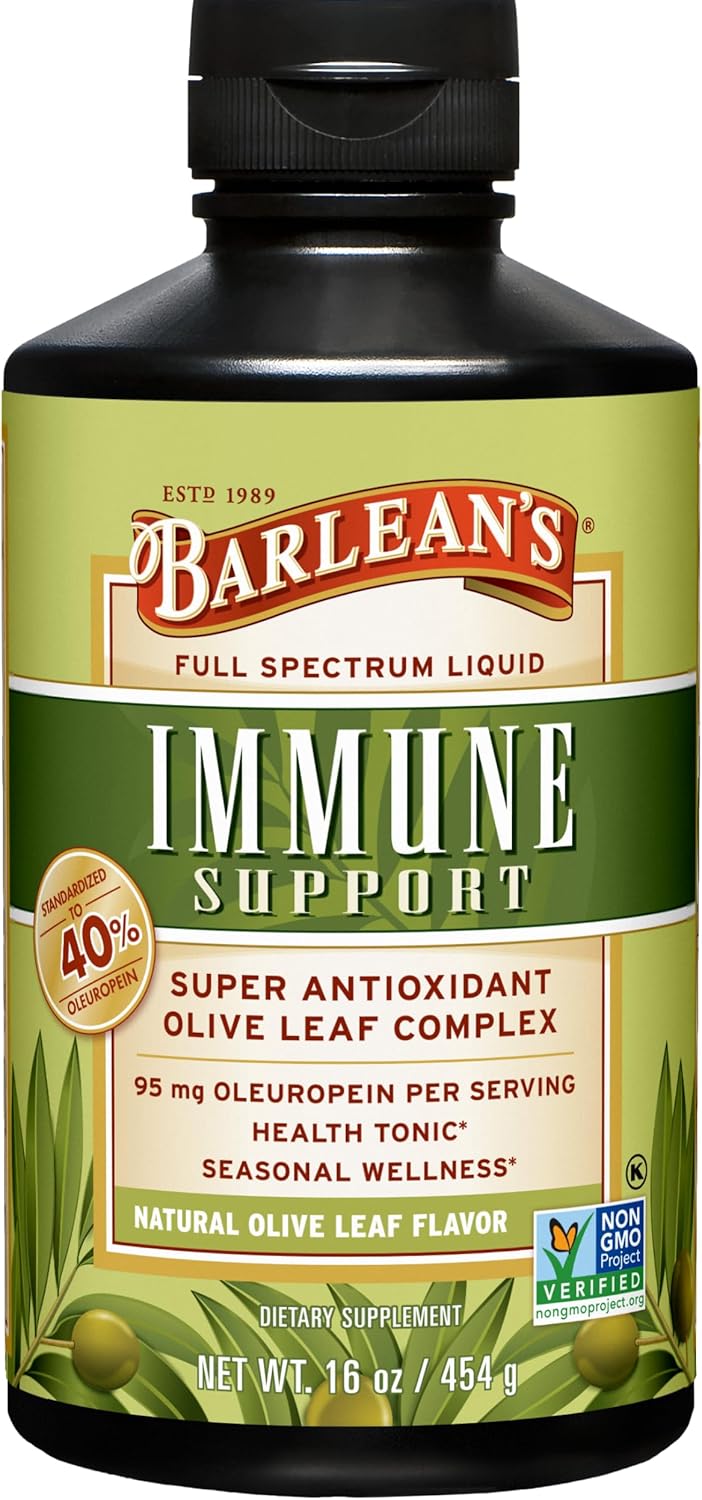 Barlean’s Olive Leaf Complex Liquid Immune Support Supplement with 95mg Oleuropein Antioxidants for Seasonal Wellness, Heart Health, & Immune System Booster, 16 Ounce