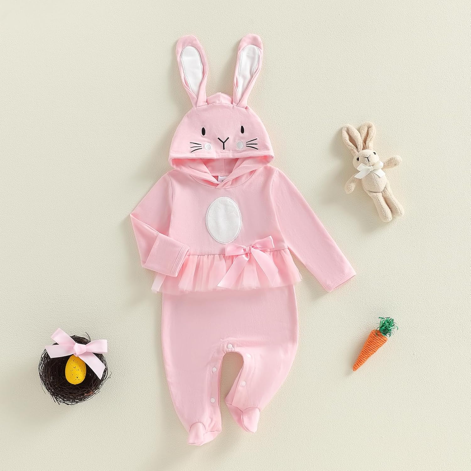 Twopumpkin My First Easter Outfit Baby Girl Newborn Bunny Onesie Ruffle Tulle Tutu Dress Romper Hooded Jumpsuit With Ear - Image 2