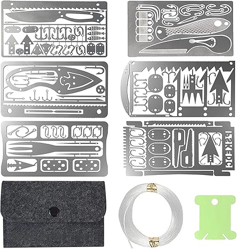 Hukado Kit de 9 tarjetas de supervivencia multiherramienta para acampar con equipo de línea de pesca, cartera de tarjetas de crédito multiusos,