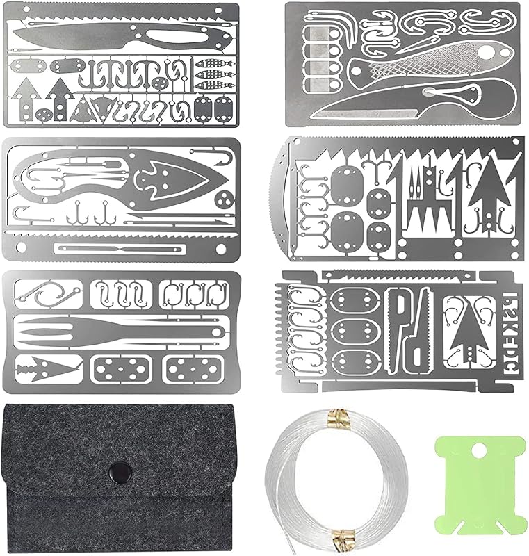 Hukado 9PCS Survival Card Multitool Camping Kit with Fishing Line Gear | Multipurpose Credit Card Wallet Portable Survival Tool with Felt Bag for Outdoor Fishing Hiking Hunting