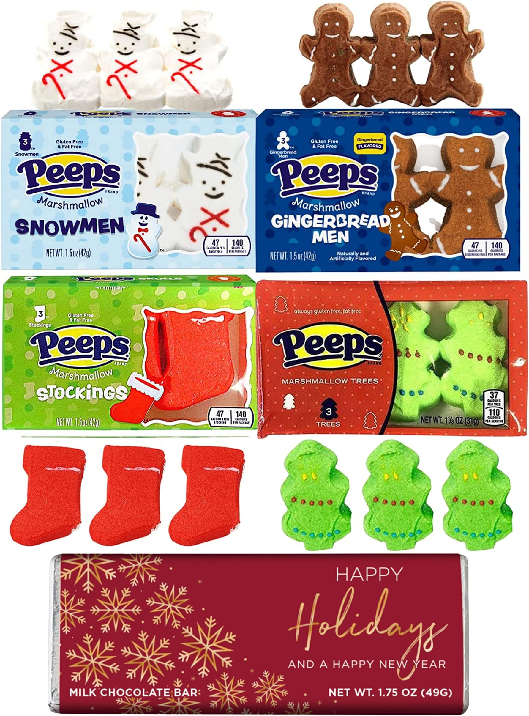 Christmas Peeps and Milk Chocolate Bar Bundle - X-mas Stocking Stuffer Peeps - Snowmen Gingerbread Men, Stockings and XMAS Trees