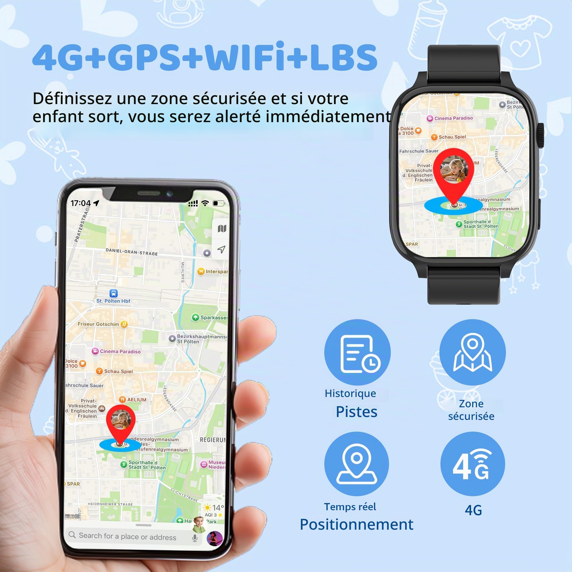 Montre Connectée Enfant 4G GPS, Appel Vidéo SOS, Cadeau Ados Garçons Filles | Chat Vidéo Voix, WiFi GPS Localisation, Mode Classe, Alarme, Jeux, 10 Contacts, Calculatrice, Calendrier, IP68 Montre Enfants
