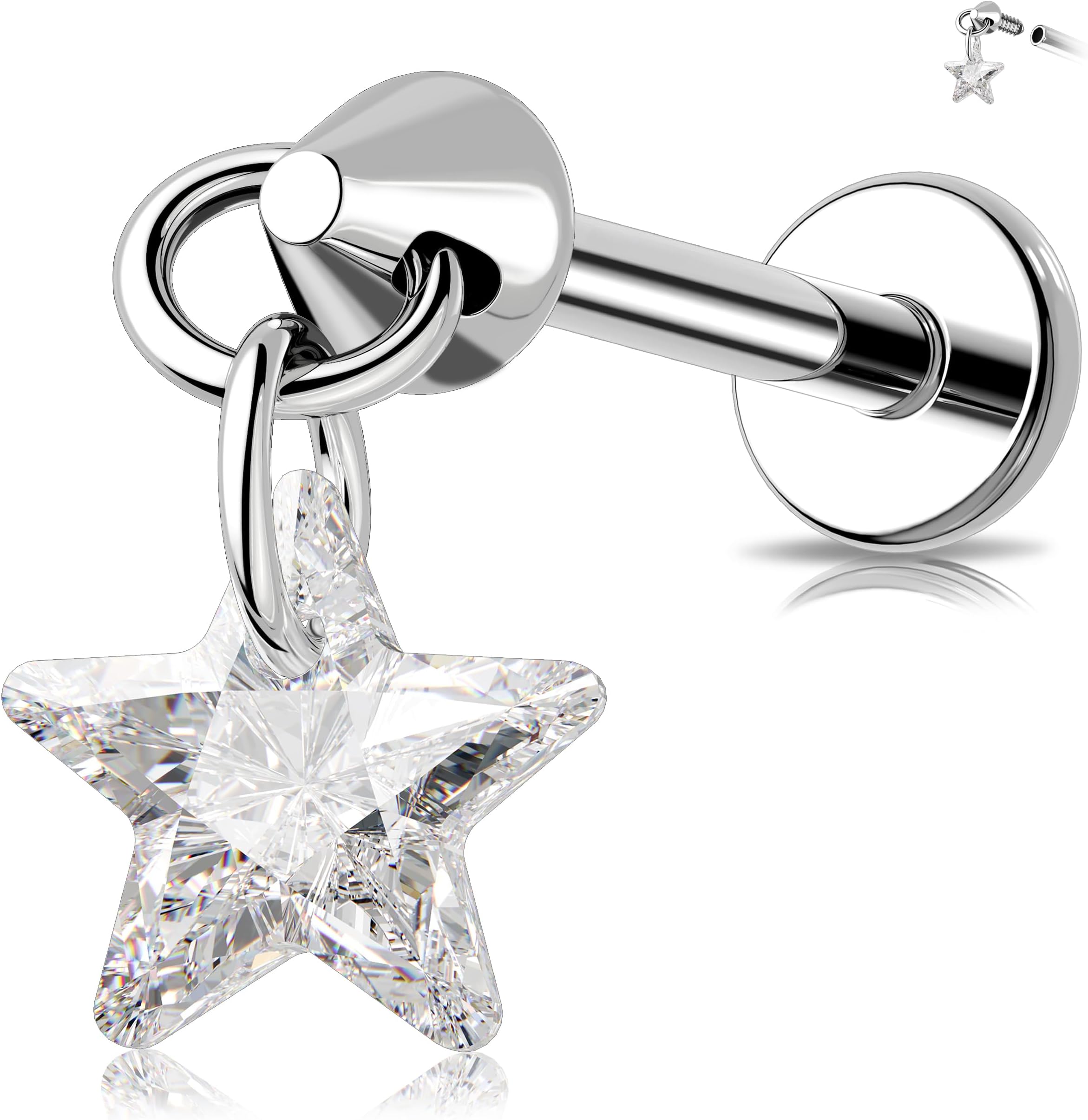 MeIighting Titanium G23 Flat Back Earring 16G Internally Threaded Dangle 6/8 mm Helix Stud Tragus Piercing Jewelry Clear CZ Cartilage Earring Labret Earring for Women