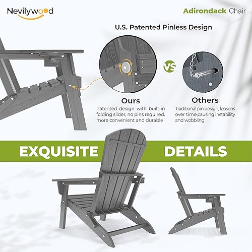 Miniatura 7 de nevilywood Silla Adirondack plegable, respaldo ergonómico extendido, portavasos, fácil montaje, plástico HDPE duradero, resistente a la intemperie