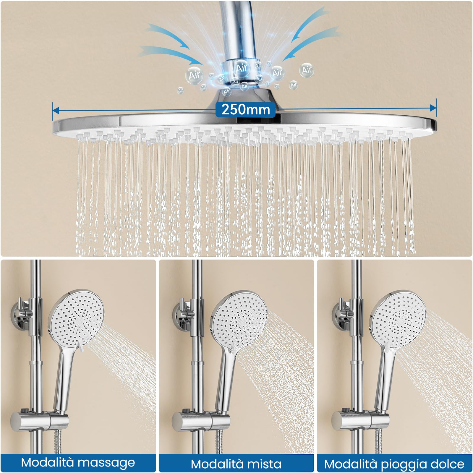 Auralum Colonna Doccia con Miscelatore, Saliscendi Doccia con Soffione e Doccetta Altezza Regolabile, Asta Kit Doccia Acciaio Inox, Cromo