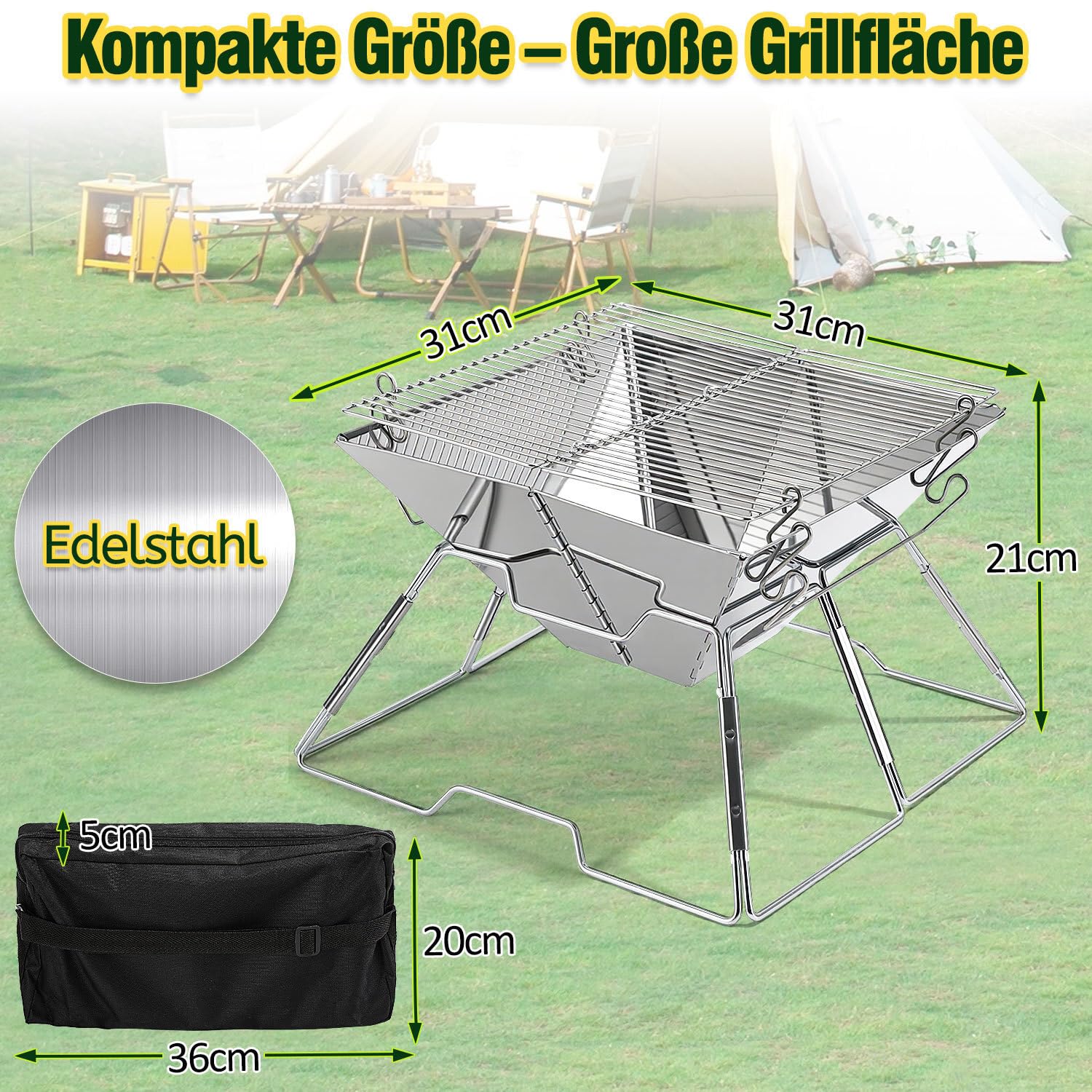 Faltbarer Grill aus 304 Edelstahl, Klappgrill mit Höhenverstellbarem Grillrost, Camping Grill kompakt & schnell aufgebaut, BBQ Grill für Garten, Balkon, Picknick und Outdoor mit Tragetasche