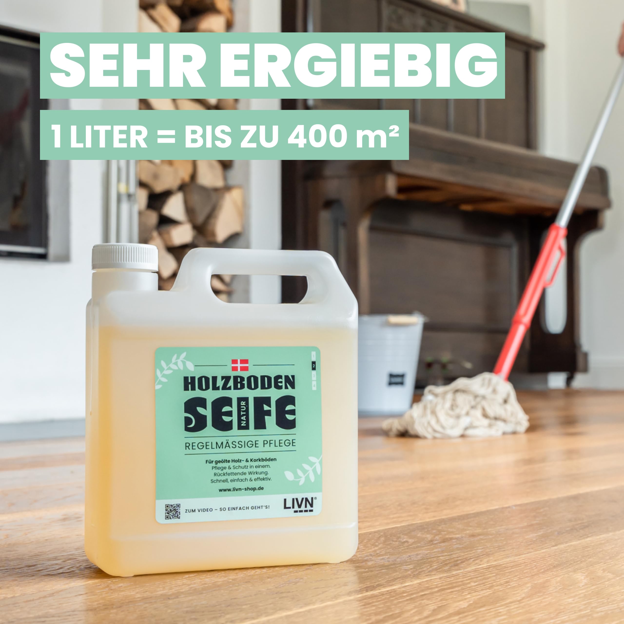 LIVN Holzbodenseife Natur 2,5L | Rückfettende Pflege & Reinigung, Für geölte Holz- & Korkböden, 200-400m² Ergiebigkeit, Made in Denmark