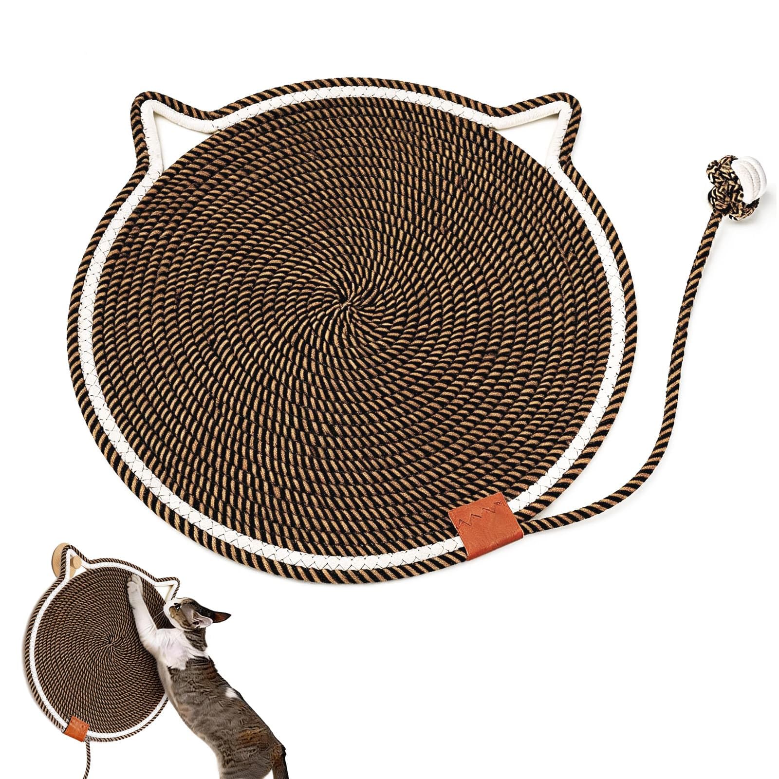 Cat Scratching Mat, 43cm/16.9'' Cat Scratcher Board with Cotton Ball, Round Cat Toys for Indoor Cats, Furniture Protector for Floor, Walls, Sofa, Carpet, Couch (Black-brown)