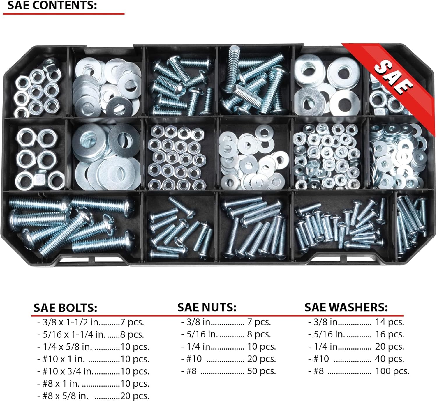 Performance Tool W5264 740pc Hardware Assortment Kit with SEA & Metric Nuts, Bolts & Washers, Stacking Interlocking Clear Lid Bins for Maximum Portability, Black