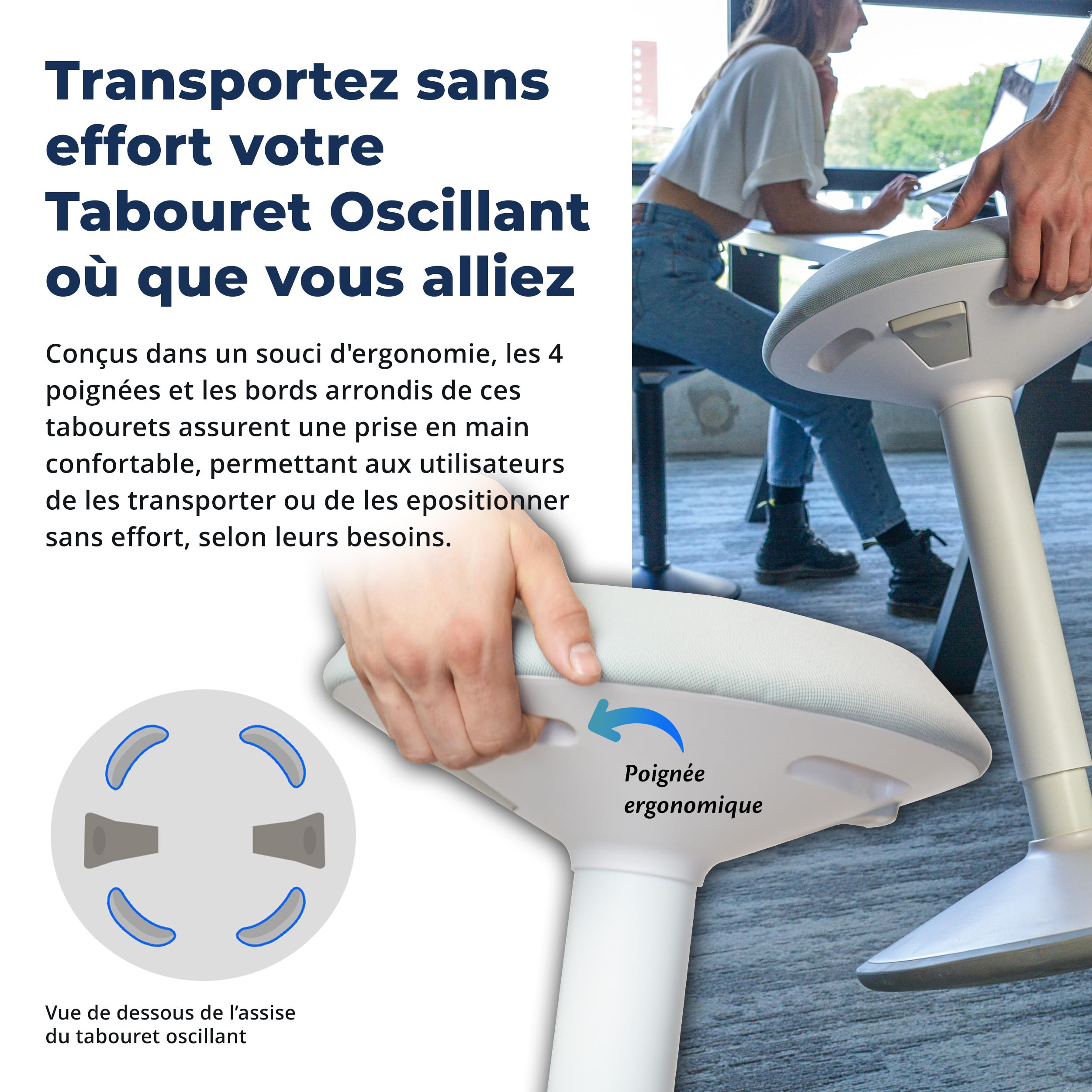 Backerz Tabouret Ergonomique à Bascule - Chaise Va-et-Vient Hauteur Réglable 55 à 80cm - Siège Actif Compact - Maison, Bureau, École - Coussin en Mousse, Revêtement en Lin Hydrofuge - Blanc Mat